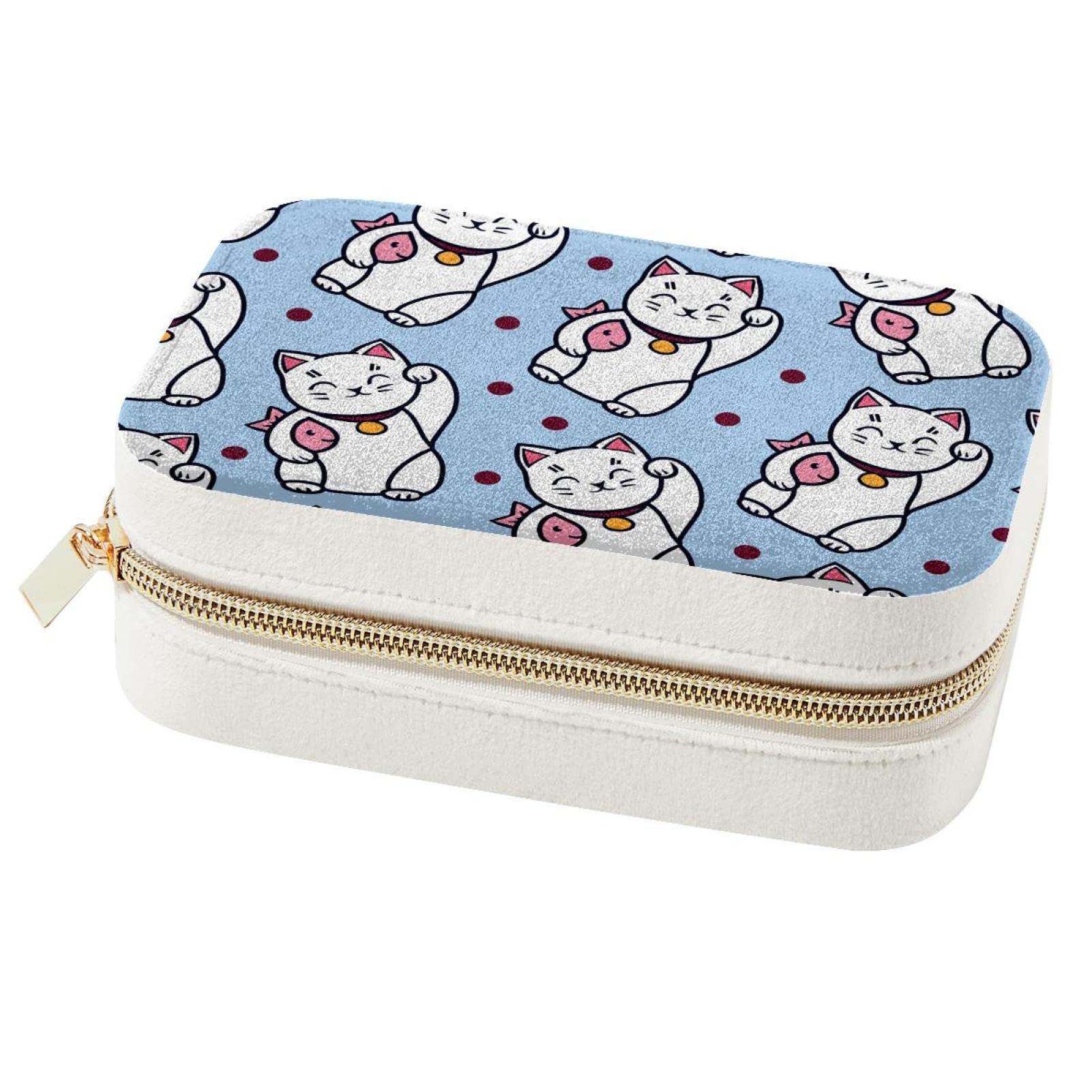 Boîte à bijoux de voyage bleu chat porte-bonheur pour bagues et colliers