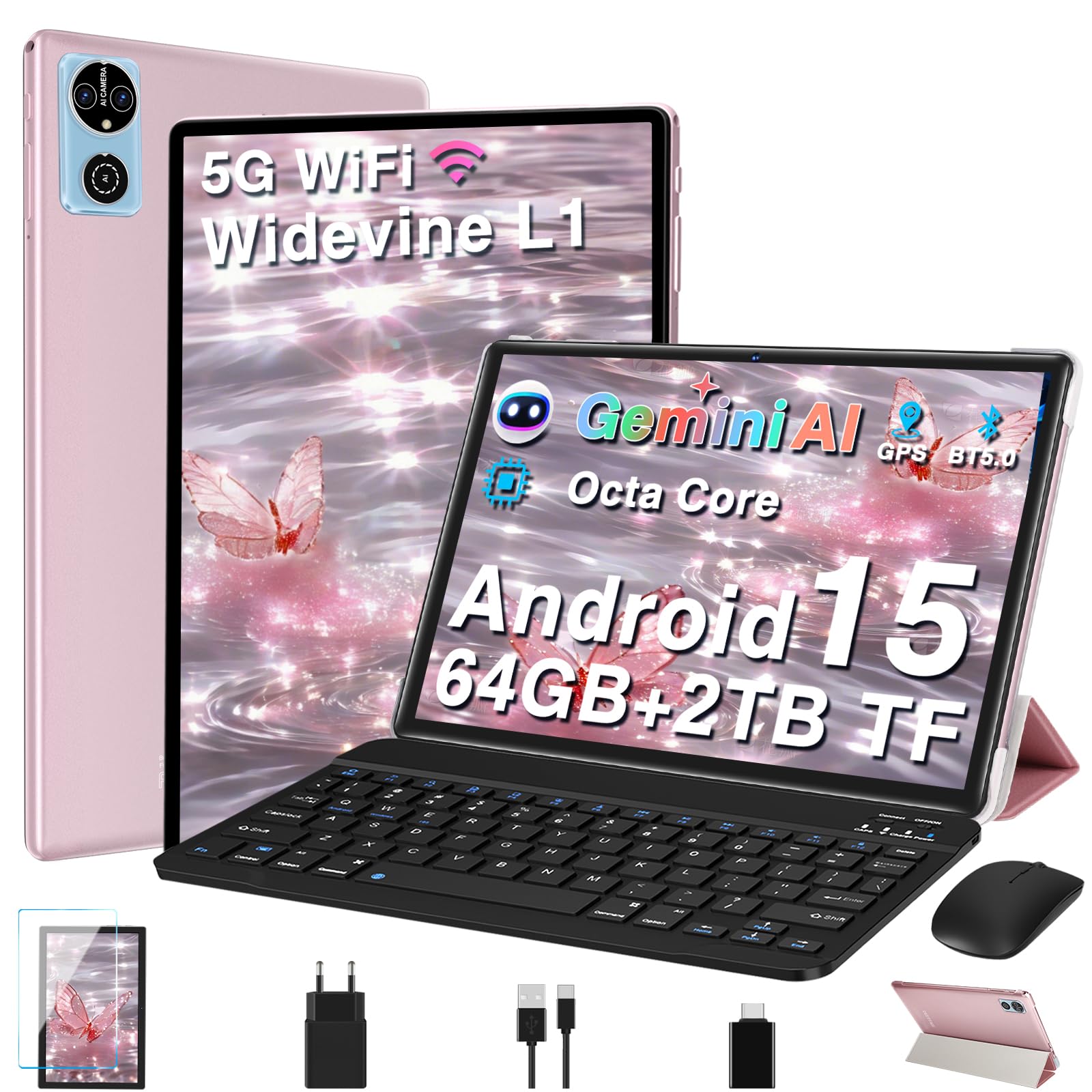 AI Tablet 10 Pollici Android 15, 30GB RAM+64GB ROM(TF 2TB), 8 Core 2.0 Ghz, 5G+2.4G Wi-Fi, BT 5.0, 8MP+5MP, Cast, 1280 * 800 FHD, Widevine L1, GMS Tablet PC con Tastiera e Mouse,Caso (Oro rosa)