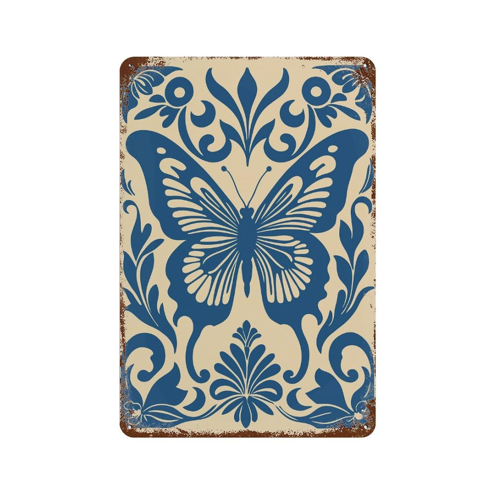 Weathered Tin Sign with Blue Butterfly Floral Ornament Design 11.8"x7.9", for Office, Studio And Wall Decor, Retro Wall Decor