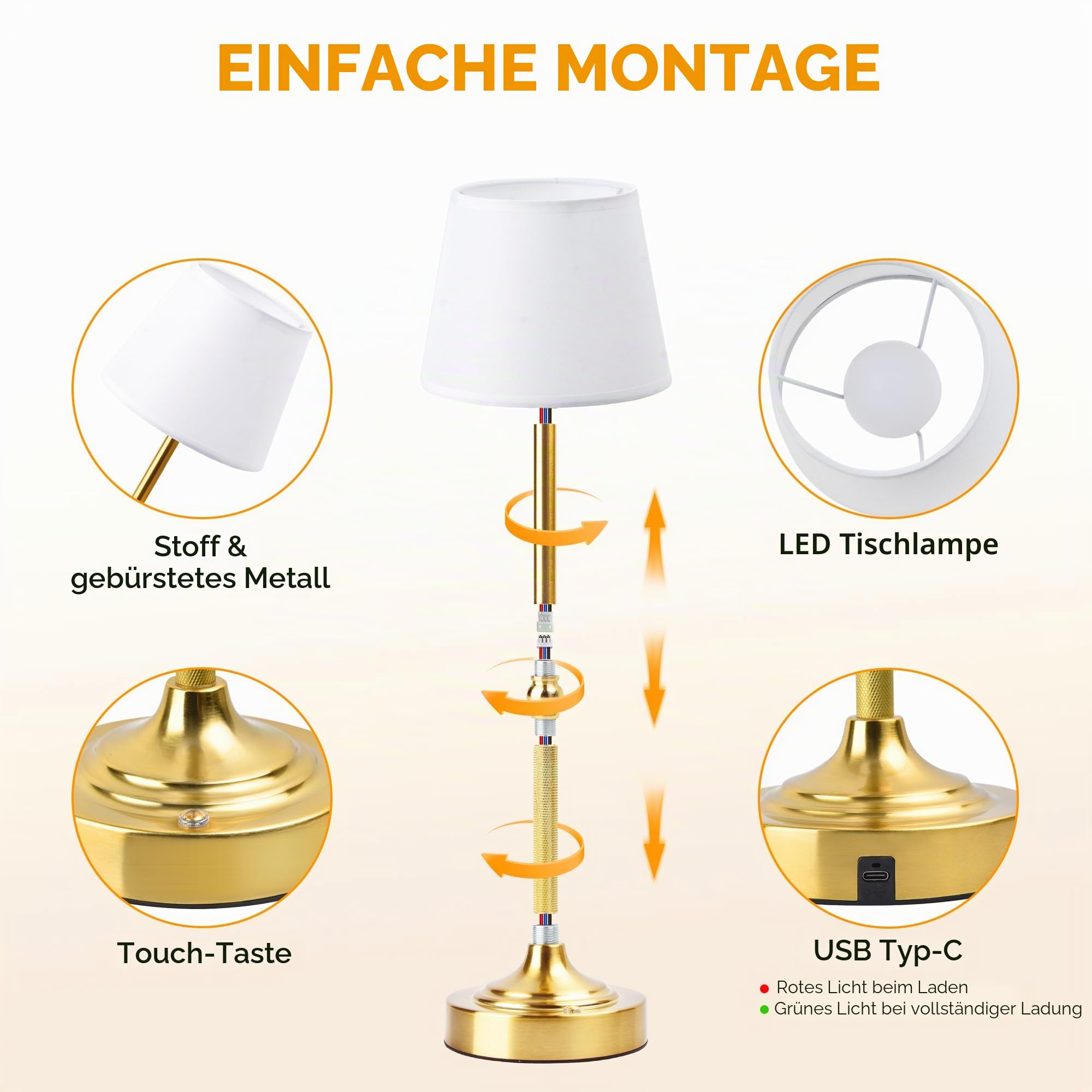 LUTEC Kabellose Tischlampe, batteriebetriebene Lampe, 3 Farben, stufenloses Dimmen, kleine Touch-Nachttischlampe, Heimdekoration für Esszimmer, Theke (2, Gold)
