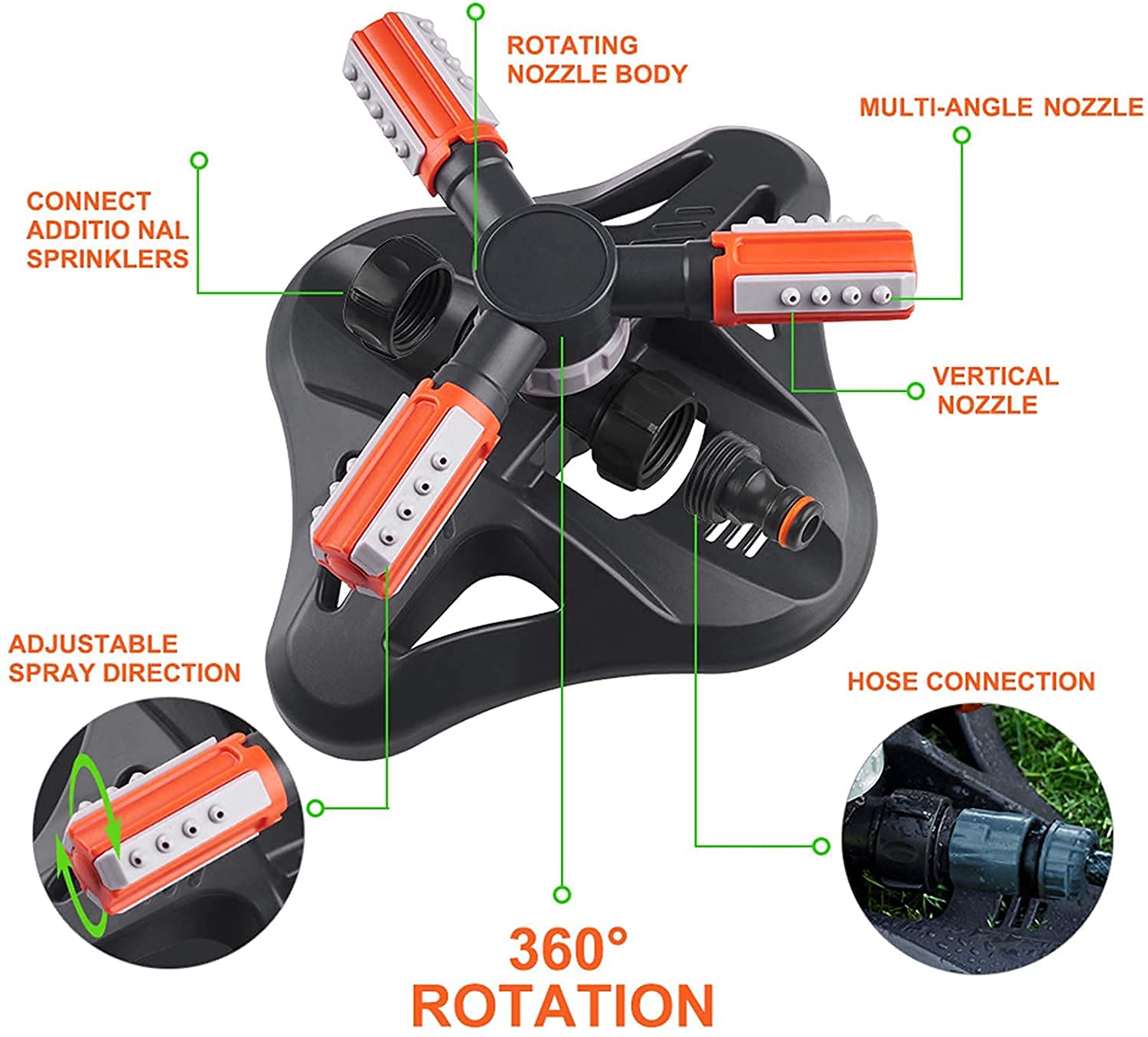 Arroseur de Jardin,Automatique 360 Rotatif Réglable Jardin Arroseur,3 Bras Arroseur de Pelouse ABS Système d'Irrigation pour Pelouse Jardin Plantes Champ de Légumes Enfants Jouant