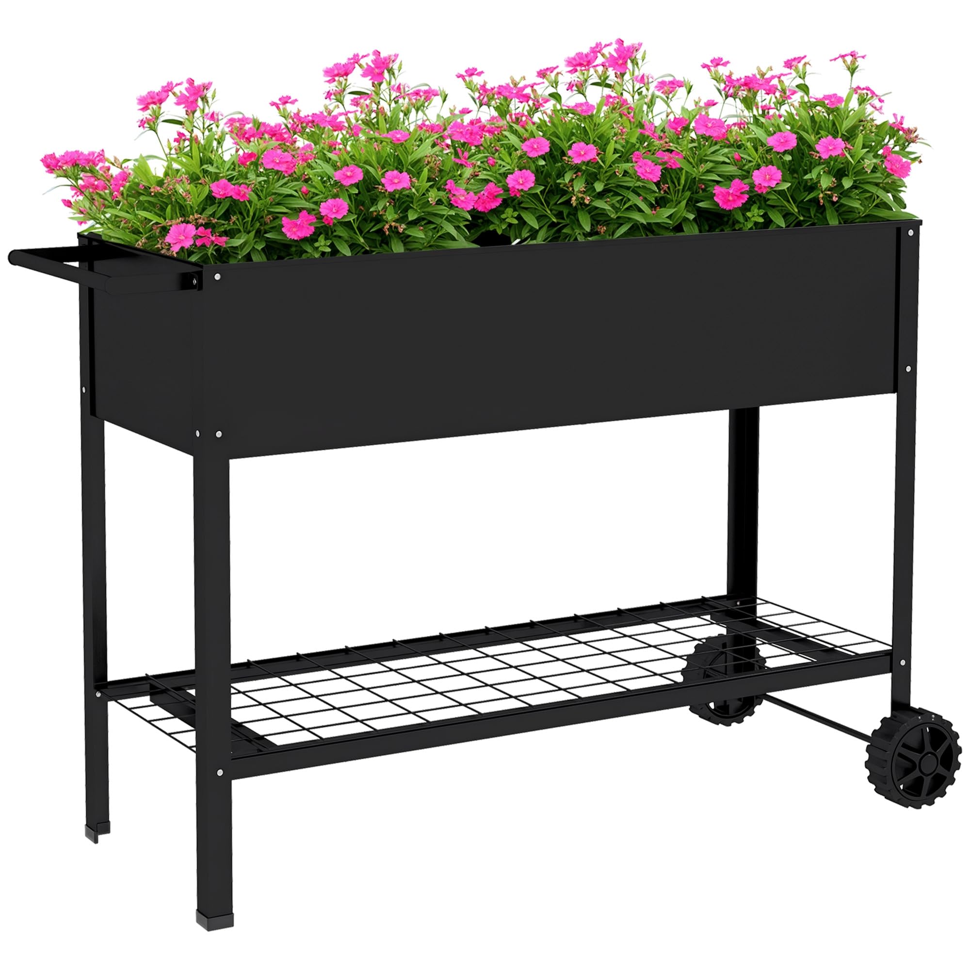 Outsunny Jardinière sur Pieds Potager dim. 109L x 39l x 80H cm étagère 2 Roues + Insert d'irrigation métal Noir