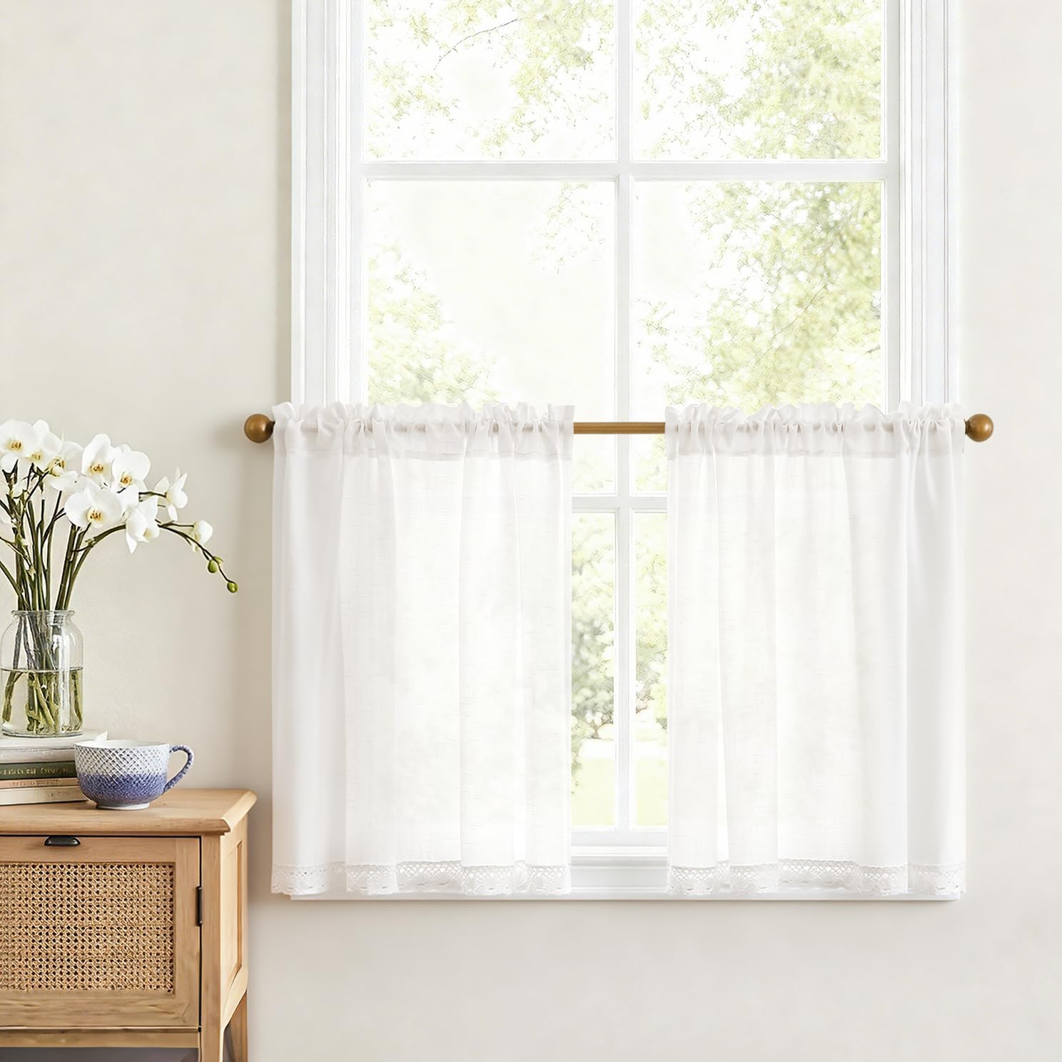 Vangao Scheibengardine Leinen Bistrogardine Halb Transparent Privatsphäre Uni Gardine Sheer Vorhang Paarig Schals Fensterschal