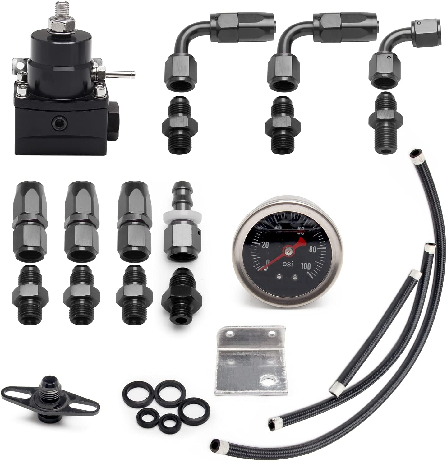 Somusen Universal Adjustable EFI Fuel Pressure Regulator Kit with 0-100psi Gauge AN6-6AN Fuel Line Hose Fitting Connectors Kit Black