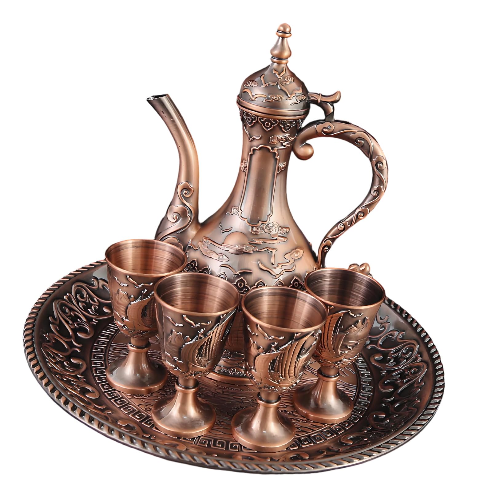 Ornate Zinc Alloy Wine Pots and Glasses Goblet Cups, Vintage Engraved Metal Serving Vessel for Home Entertaining Display and Banquet Decor Ceremonial Drinkware Pitcher Ornate Wine Pots Vintage Home