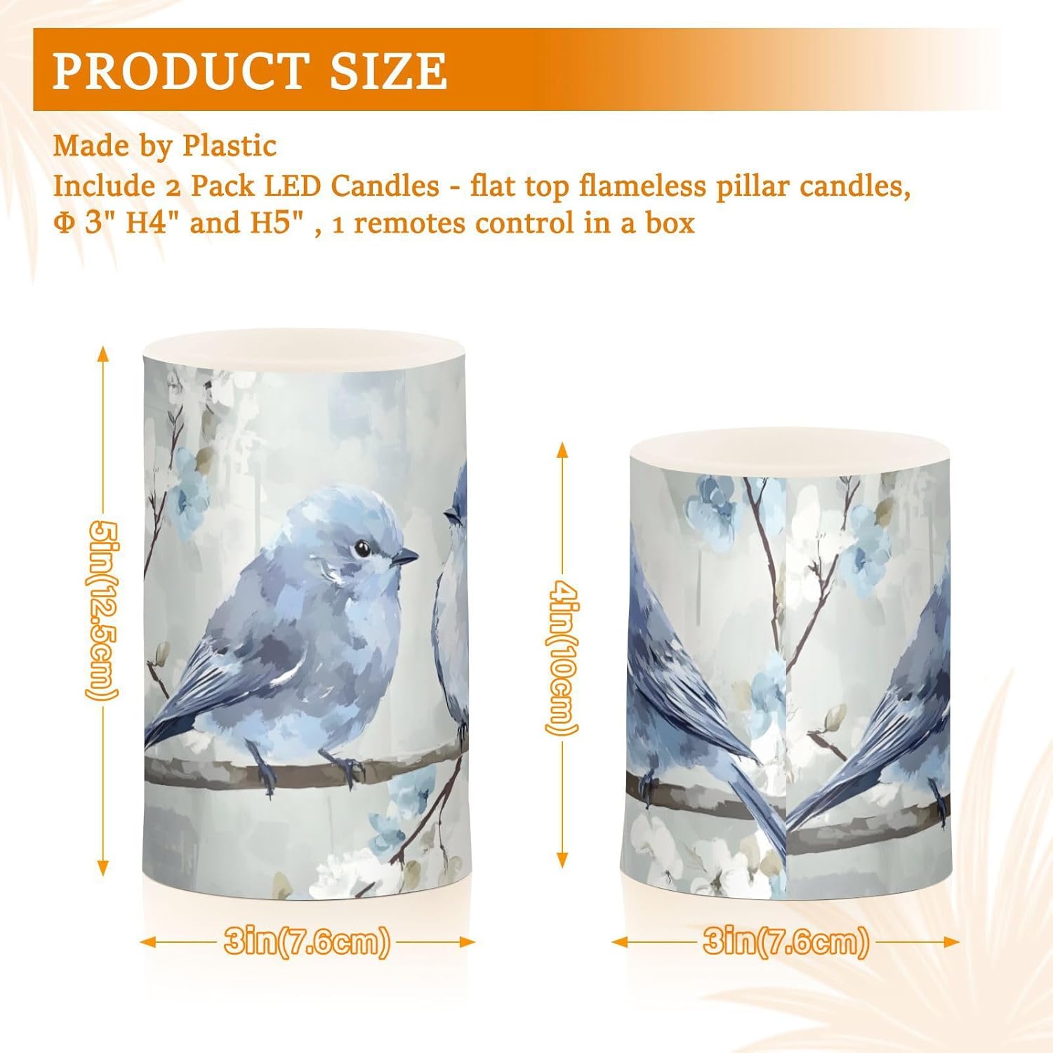 Blue Birds Branch Flameless Candles with Remote Set of 2 - No Batteries Included, 3” Diameter Battery Candles Flickering with Timer, LED Pillar Votive Candles for Outdoor Indoor