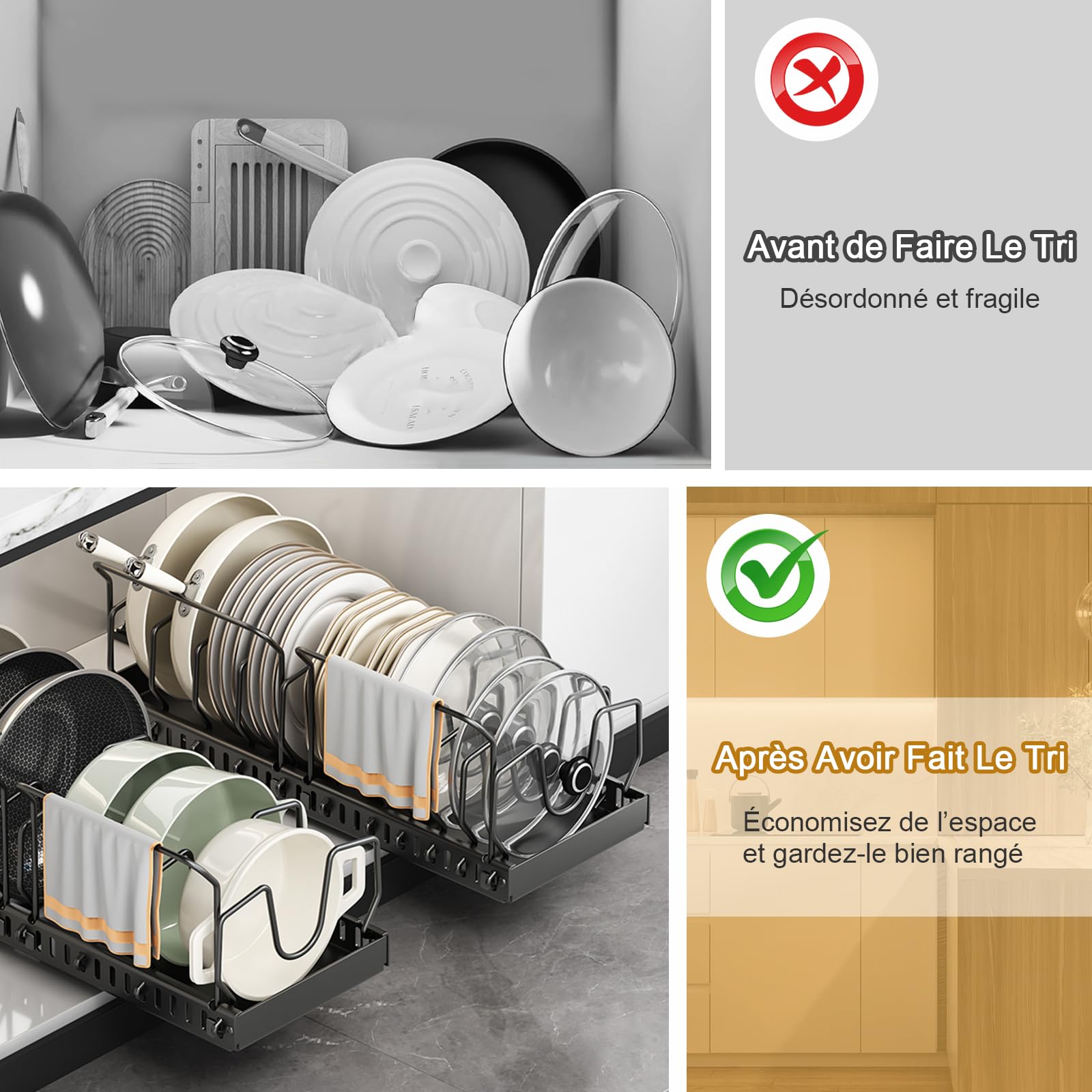 Ensemble de 2 casseroles et poêles Organisateur avec 2 supports de poignée, Organisateur de couvercle coulissant avec 10 séparateurs de couvercle réglables (Noir)