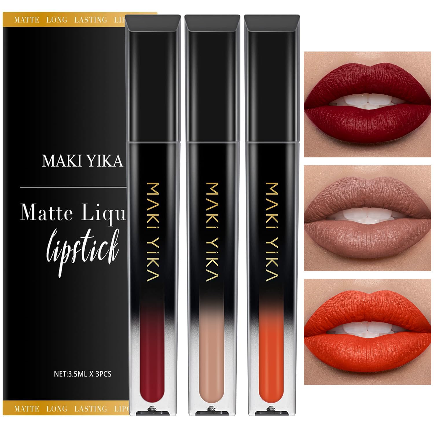 MAKI YIKA 3Pcs Matte Liquid Lipstick Makeup Set Dark Red Nude Orange Lipstick Long Lasting Smudgeproof Transfer Proof Lip Makeup, DarkRed/Nude/Orange | quick dry, waterproof