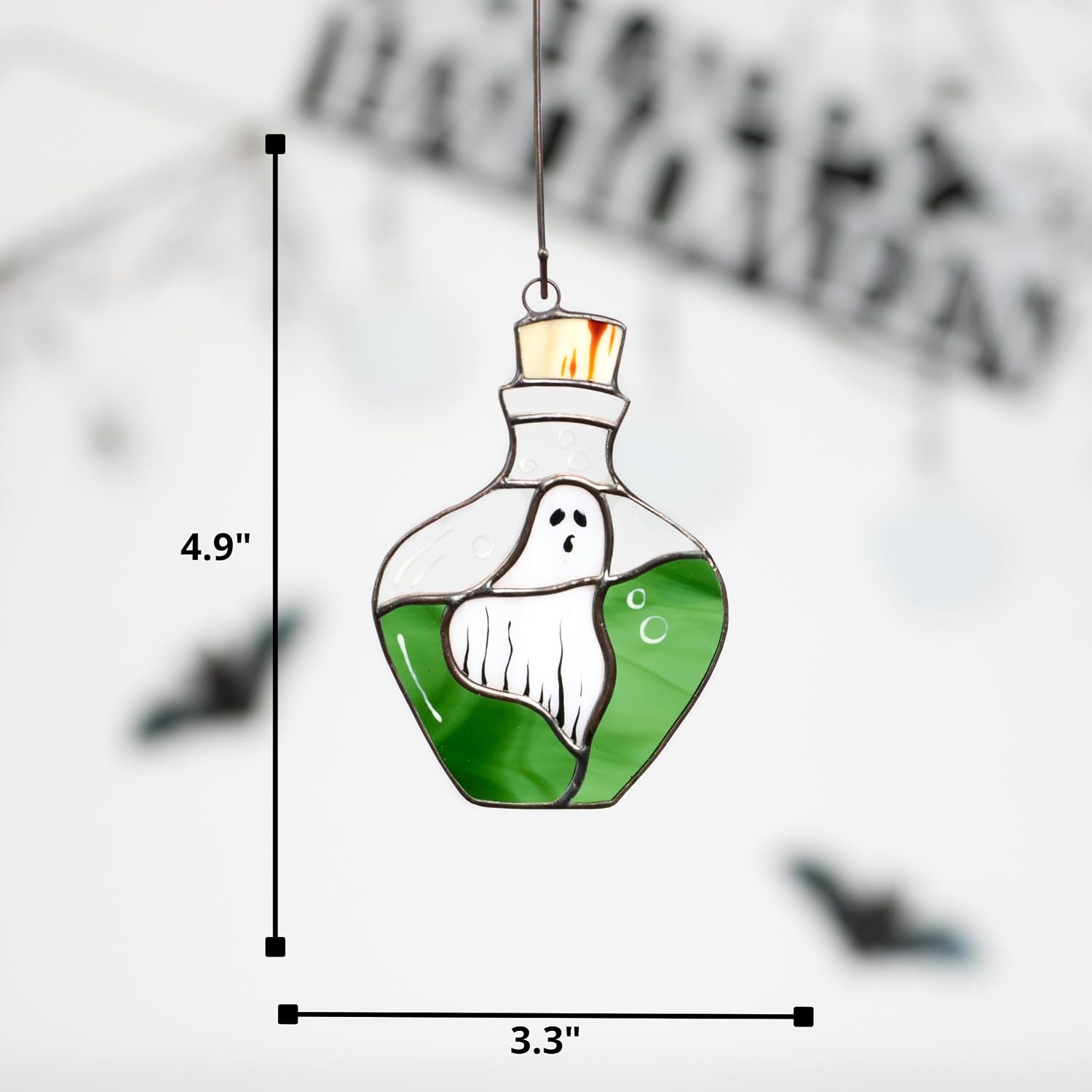 Halloween Stained Glass Window Hanging Suncatcher for Windows Panels Genuine Halloween Decor Spooky Sun Catcher Ornament Decoration Handmade Art (Ghost In A Bottle)