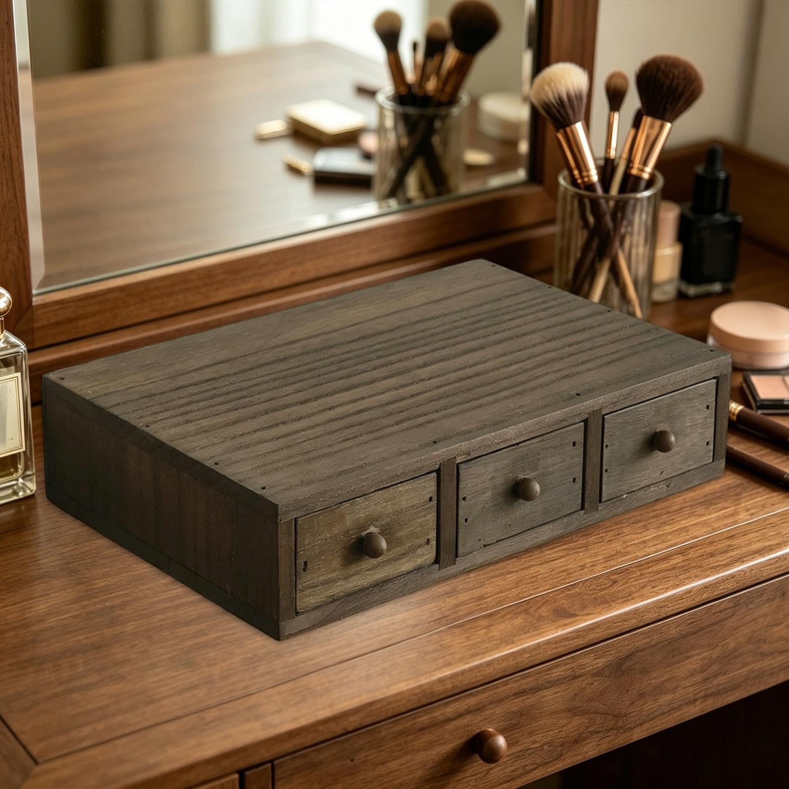 Schreibtisch Organizer Aus Holz mit Schublade Zur Aufbewahrung von Make Up, Dekorativer Ständer, Geeignet für Schlafzimmer, Büro, Wohnzimmer, 3 Schubladen