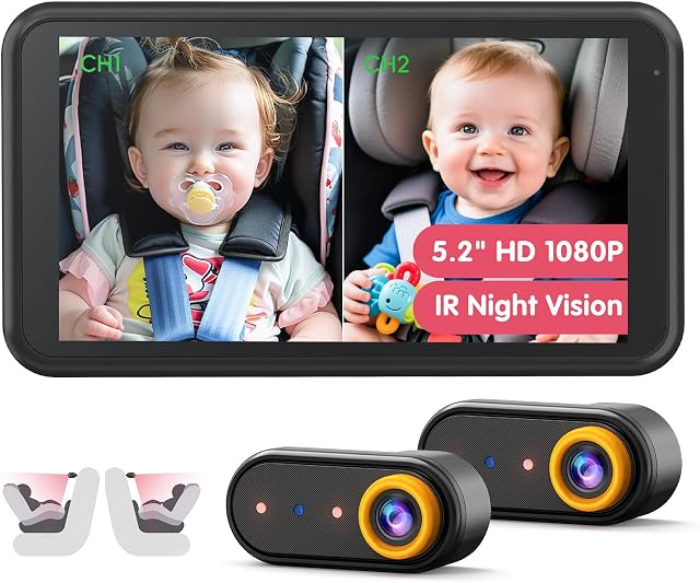 LUCKVIEW BM2 PRO Caméra de voiture double bébé, 5.2" 1080P HD Affichage pour les sièges arrière de voiture, IR Vision nocturne, Mont anti-Shake, Installation facile – Idéal pour les parents avec 2 Enfants et animaux de compagnie