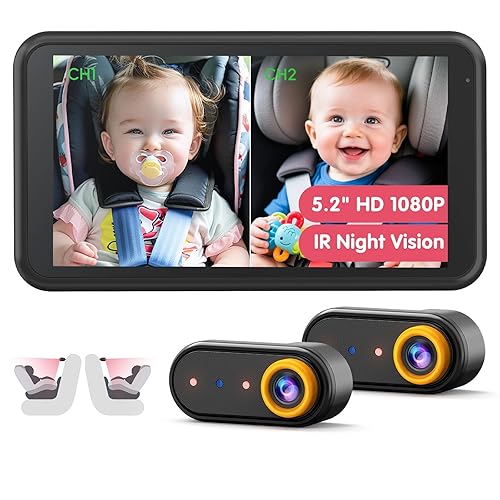 Cámara de coche para bebé monitor dual 1080P orientado hacia atrás para 2 niños con pantalla HD de 5.2 pulgadas, visión nocturna, fácil de instalar