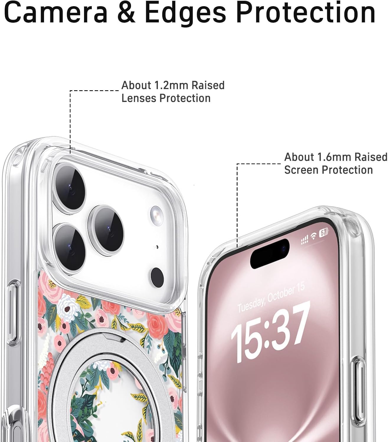 for iPhone 17 Pro Case with MagSafe Stand Ring for Women, Cute Clear Floral Design with 360° Kickstand Holder Magnetic Shock Proof Heavy-Duty Protection Pink Flower - Image 5