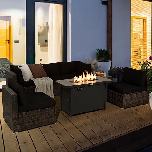 Miniatura 2 de Tangkula Juego de muebles de patio de 7 piezas con mesa para fogata, incluye mesa rectangular de propano de 42 pulgadas y 60,000 BTU y funda