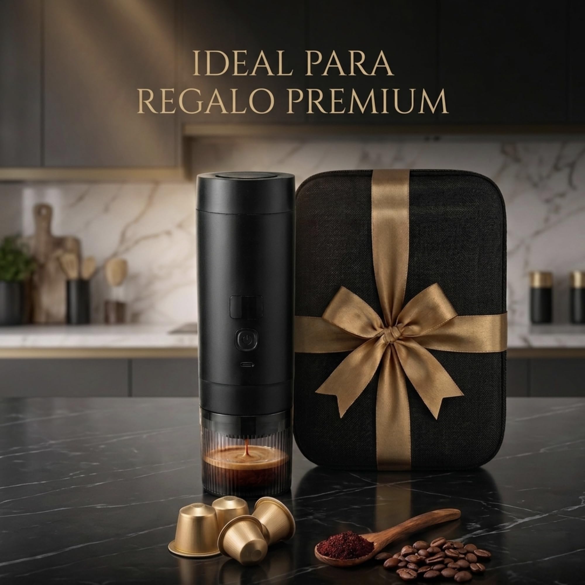 Kit Cafetera Portátil 3 en 1 – Maquina de Espresso 20 Bares Compatible con Cápsulas Nespresso, Dolce Gusto y Café Molido – Cafetera Capsulas Recargable USB-C 7800 mAh de Calentamiento Rápido