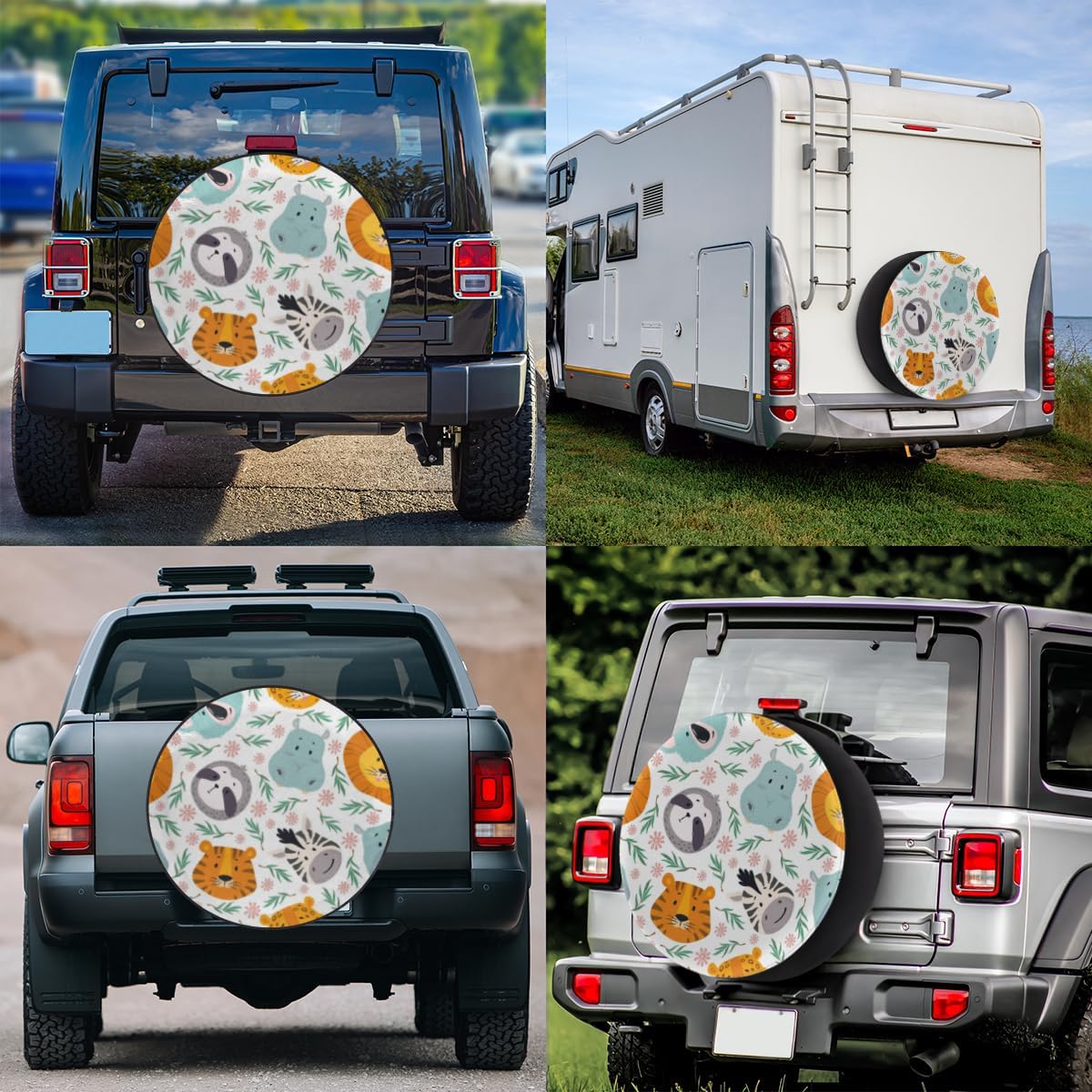 Funny Cartoon Animals Tire Covers Portable Spare Tire Cover Soft Durable Waterproof Dustproof Set of 4 Bags 14 Inches for Car Truck SUV Trailer Camper