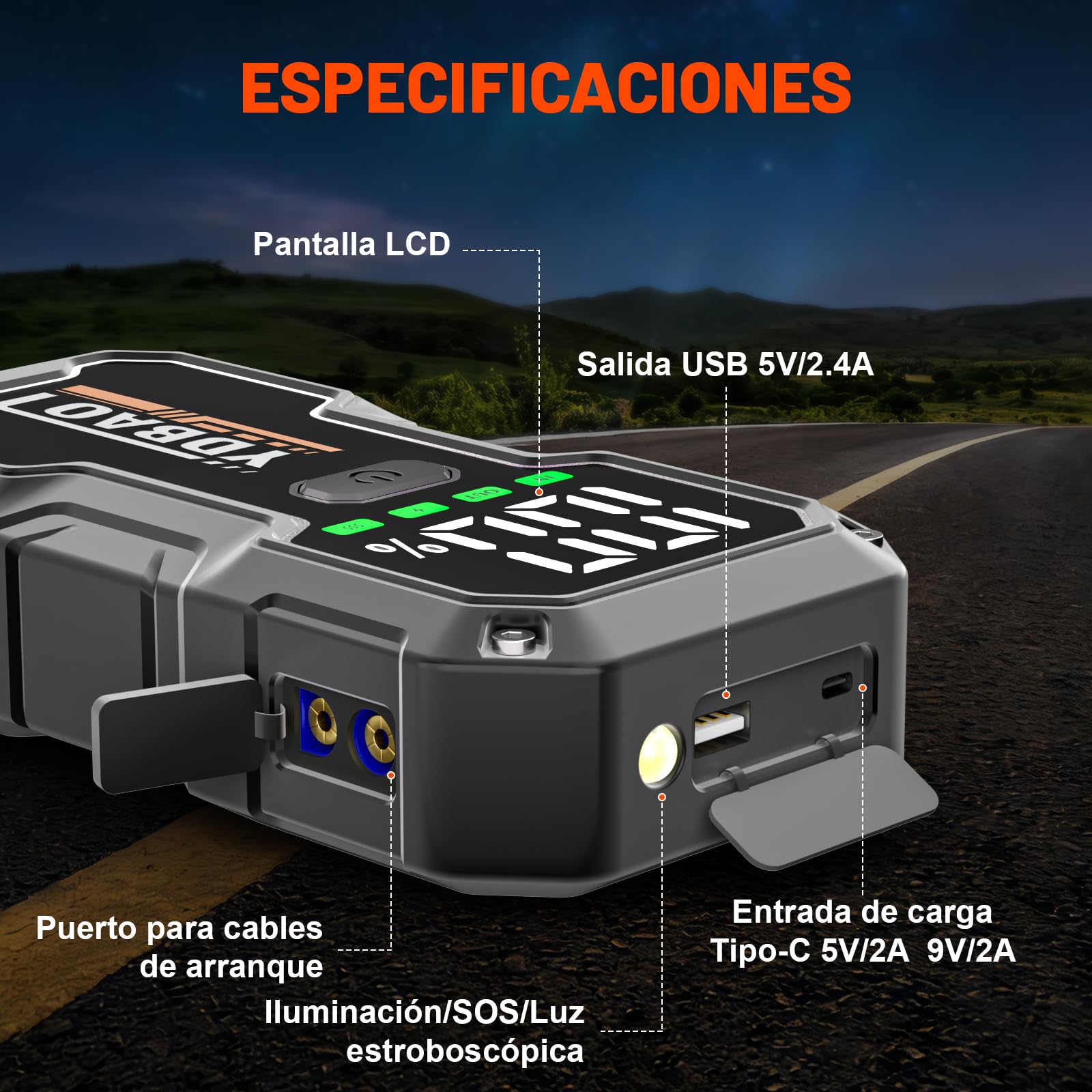 YDBAO Arrancador de Coches 8000A 12V Arrancador de Baterias de Coche Moto (para Todo Gasolina o 10L de Diésel) Jump Starter Protección Inteligente Linterna LED Pantalla LCD y Clips de Seguridad