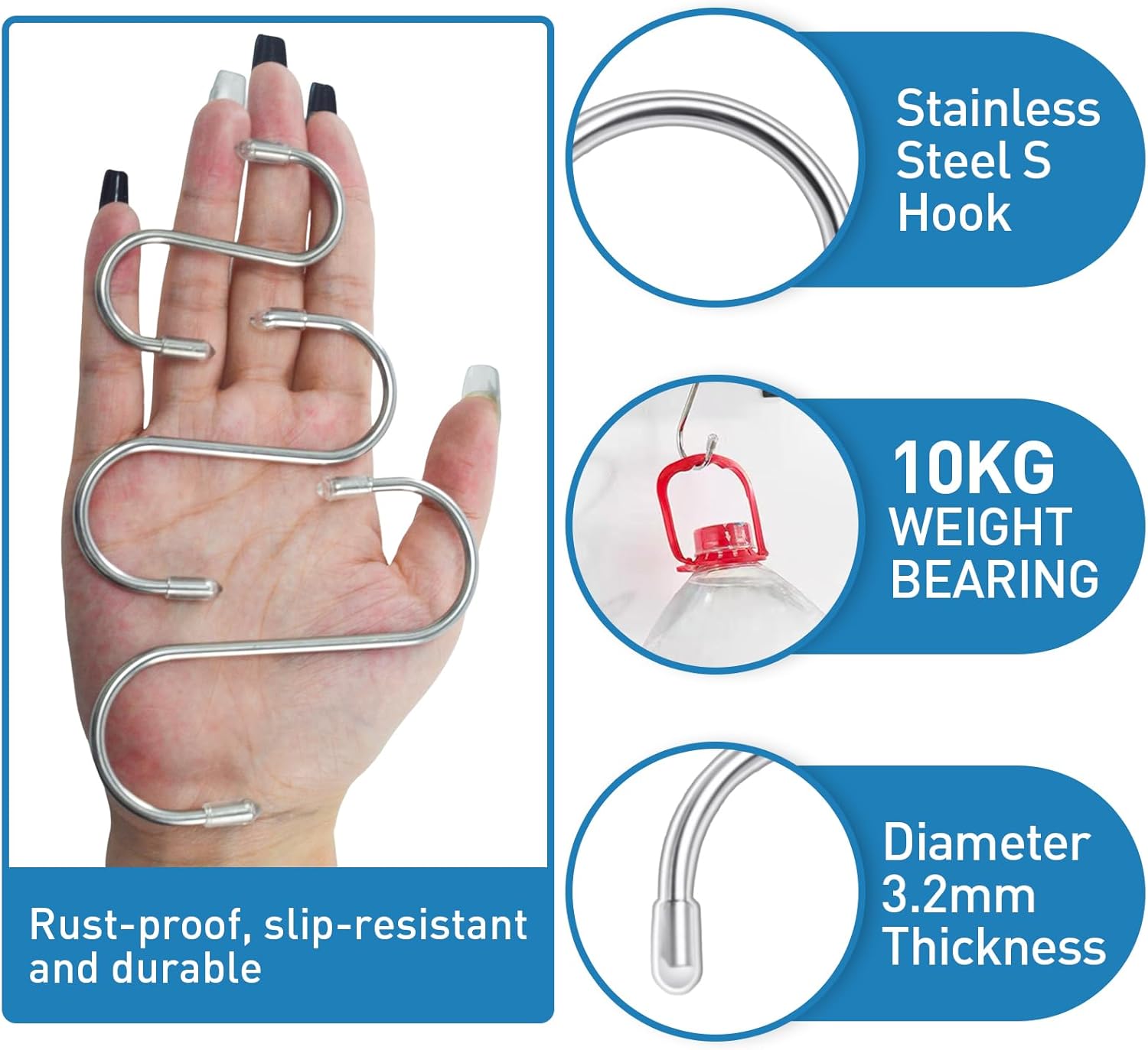 30 Pack S Hooks for Hanging,S Shaped Hooks,3 Sizes Each 10 Pcs(2.7 in,3.5 in,4.3 in) Heavy Duty Stainless Steel Hanging Hooks for Hanging Heavy-Duty,for Closet Kitchen Plants