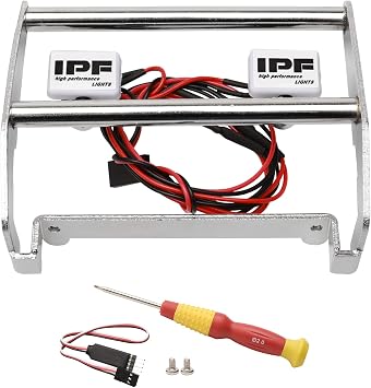 Silver RC Metal Front Bumper w/LED Lights for TRX-4 Ford Bronco 1/10 Trail Crawler Truck Include CH3 Light Controller and Screwdriver