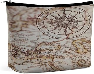 Nautical Sea Map Compass Sailing Ship Portable Cosmetic Bag Multifunction Storage Pouch PU Makeup Bag, Stationery Organizer with Zipper for Reunion Office