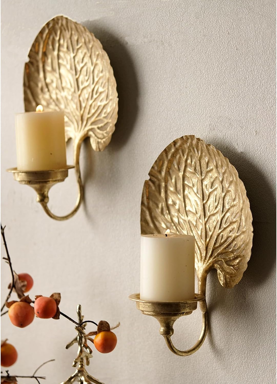 2 ピースアンティークメタル壁取り付け用燭台ゴールドパームス鉄柱ホルダー芸術ホームアクセント装飾華やかな鉄の壁の装飾