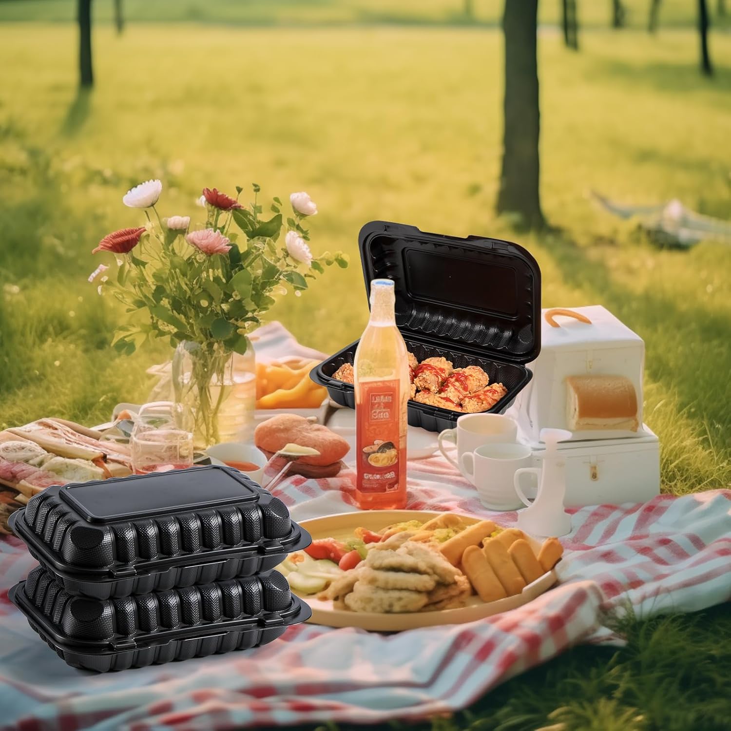 Clamshell Food Containers, 27 OZ Plastic To Go Containers 50-Pack 9 x 6 Inch BPA Free Reusable Microwave Freezer Safe Heavy-Duty MFPP Black Take Out Boxes