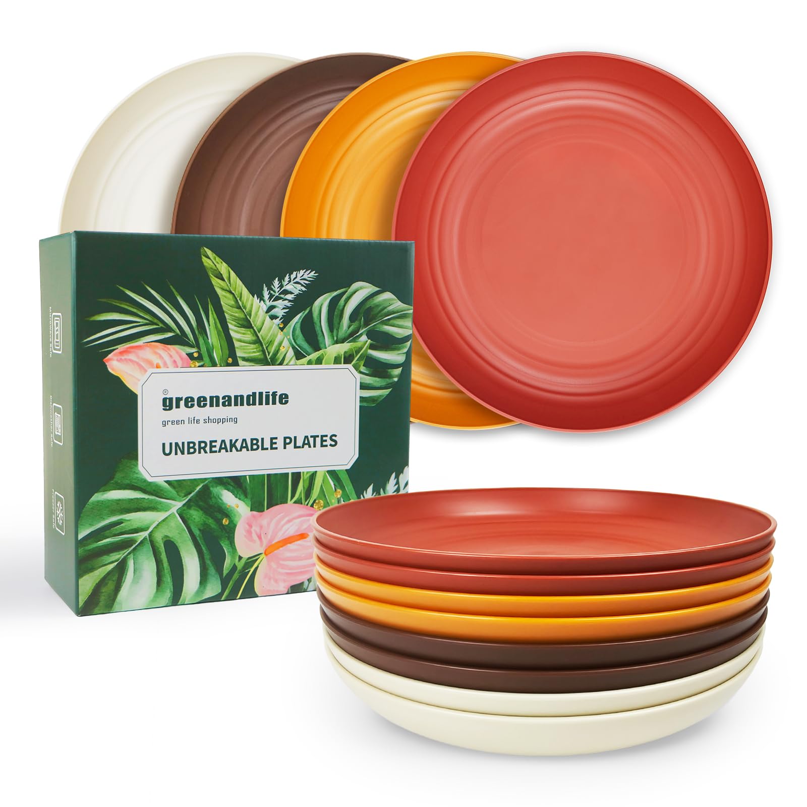 greenandlife 8 Pcs Dinner Plates, 10 inch Plastic Reusable Plates, Dishwasher & Microwave Safe PP Plate, Lightweight & Unbreakable, BPA Free