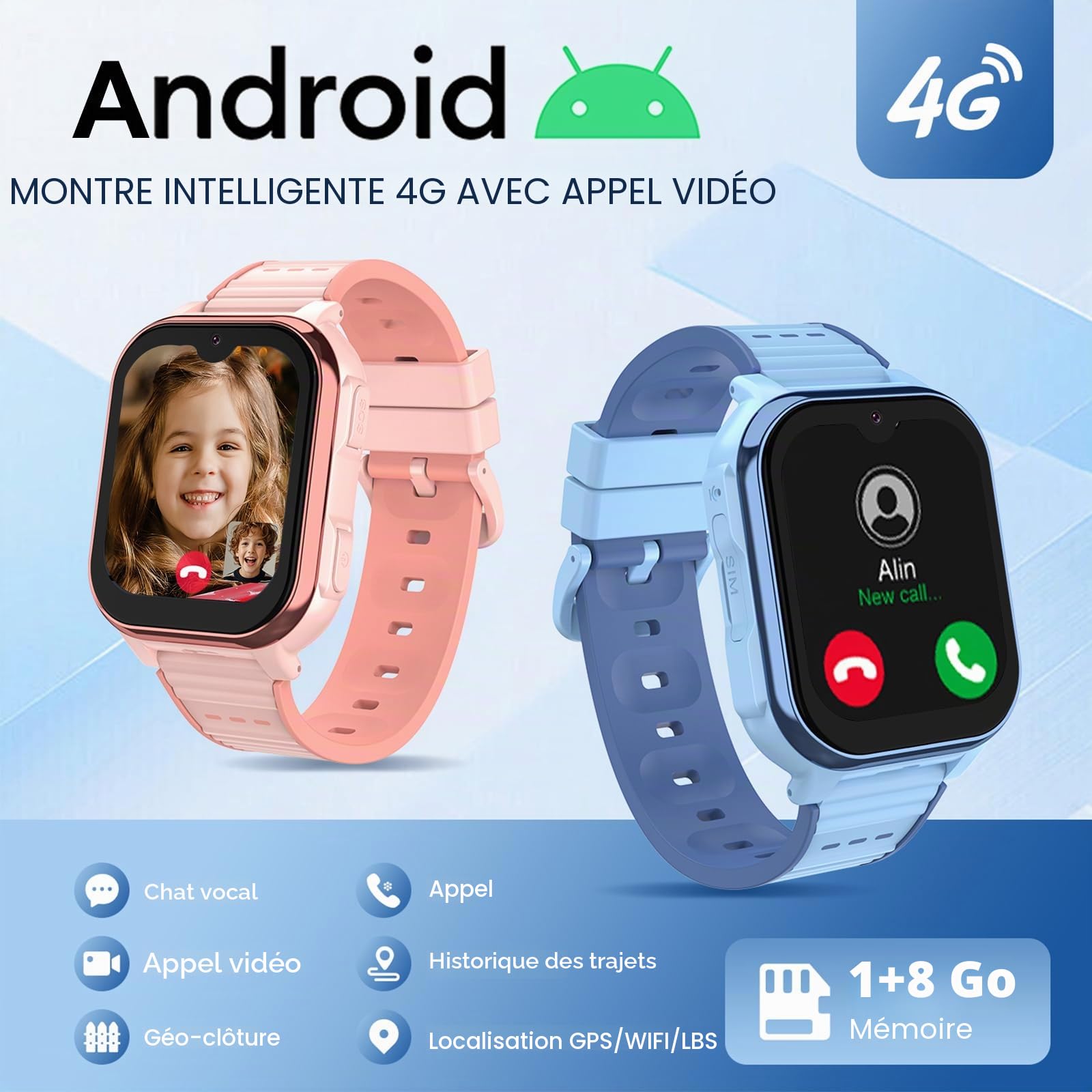 Montre Connectée Enfant 4G pour Fille Garçon Montre Intelligente avec GPS WiFi Appel Vidéo Chat Familial SOS Caméra Étanche Mode Classe, Smartwatch Téléphone Enfants Cadeau pour 4-12 Ans (Bleu)