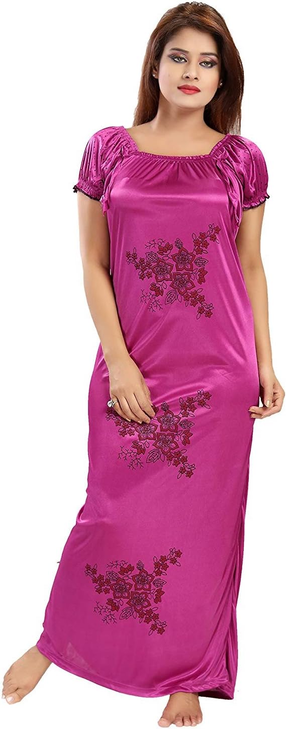 Shopping Station Women's Satin Printed Maxi Nighty (INVALID DATA_Pink_Free Size)
