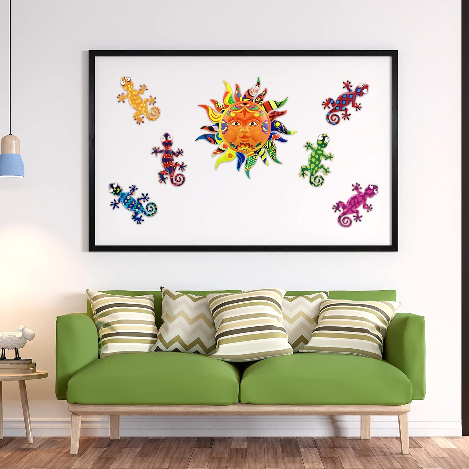 Hotop 7 Pcs Metal Sun and Gecko Wall Art Set, 12.6" Talavera Face Sculpture with 6 Colorful Lizards, Weather-proof Metal Fence Decor for Garden, Outdoor Porch, Patio & Indoor Home Decor