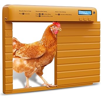 Automatic Chicken Coop Door Opener with Timer, Programmable Light Sensor, Battery Powered LCD Screen, Weatherproof, Low Battery Indication (Orange)
