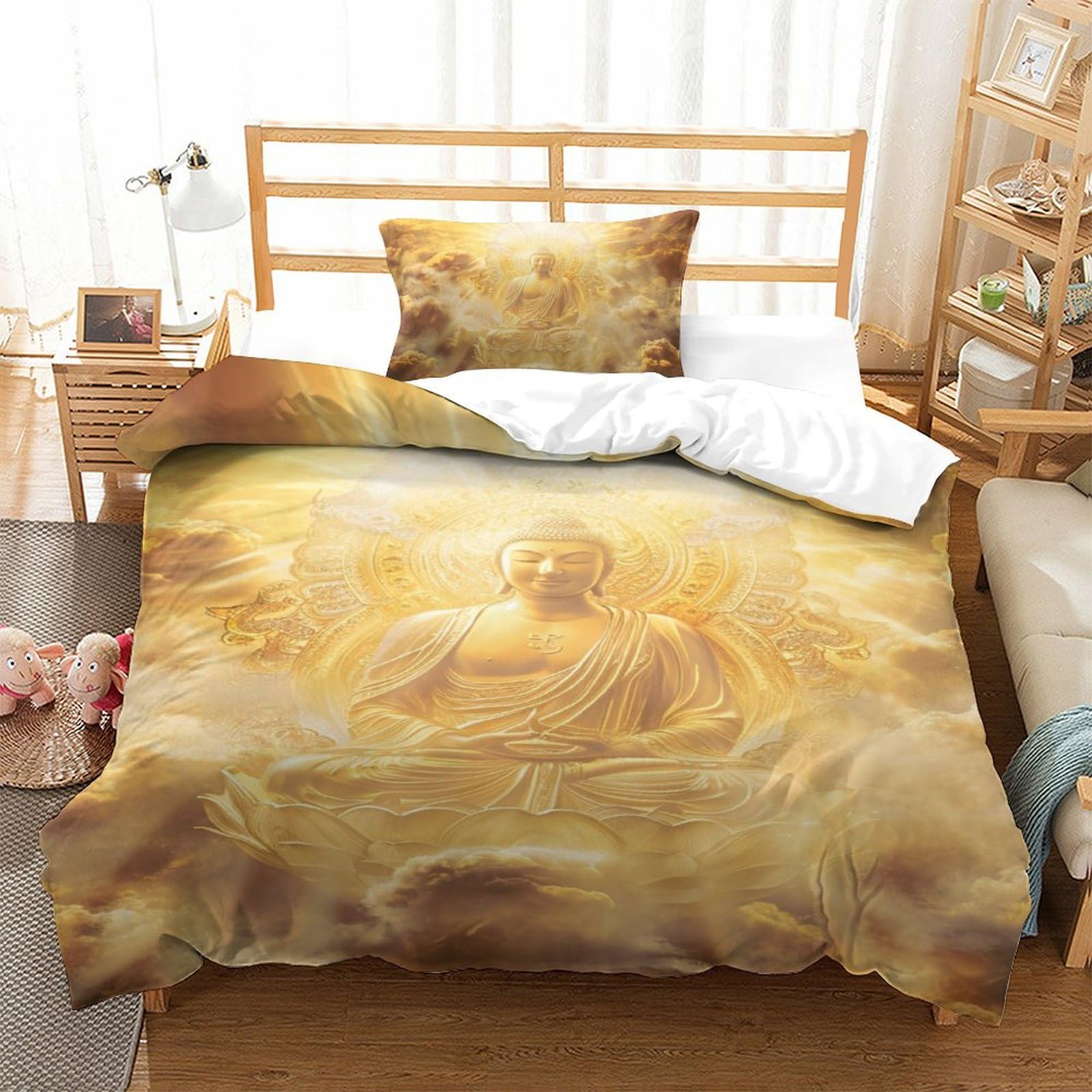Housses de couettes avec microfibre respirante imprimé 3D Bouddha parure de lit douce single 135x200