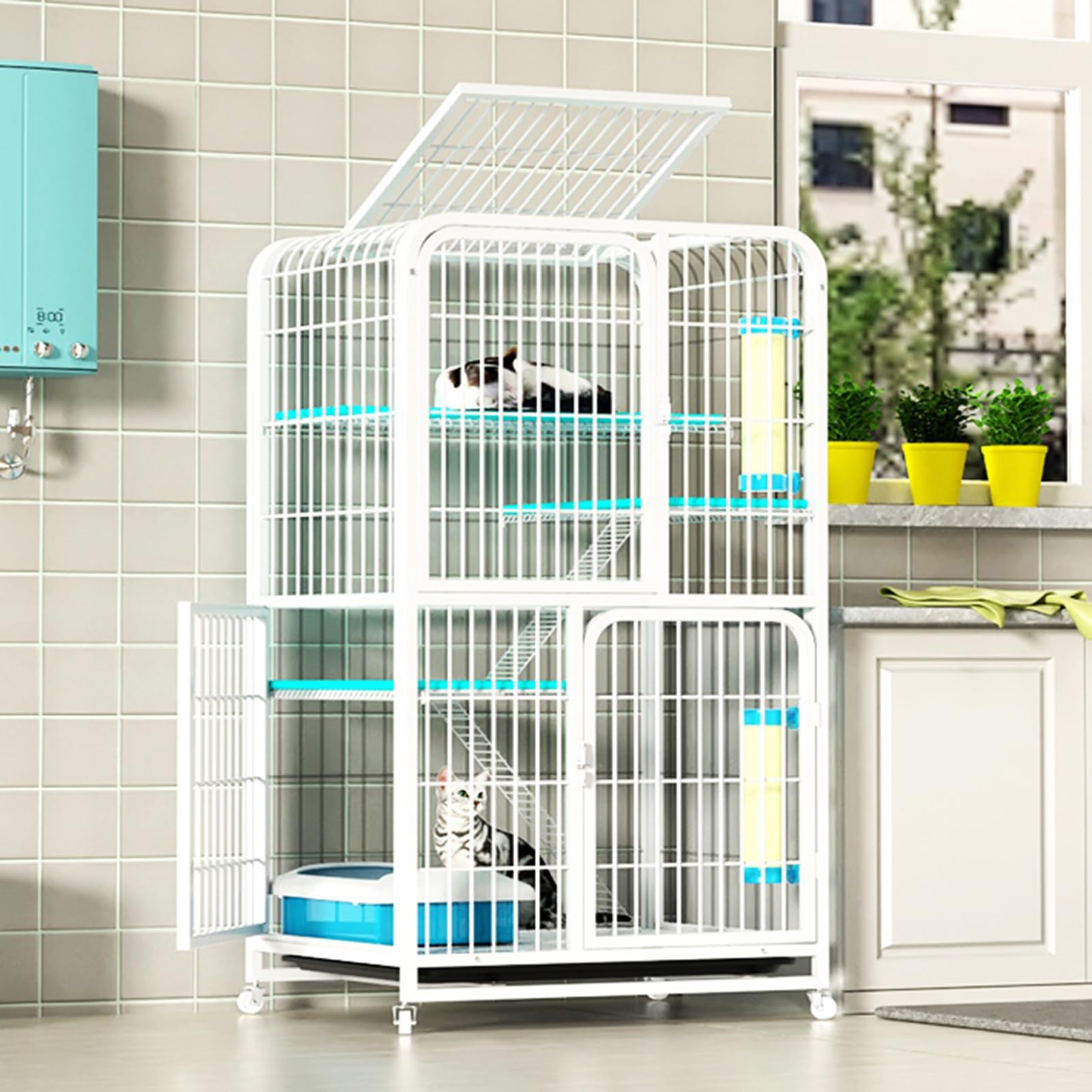 Grande cage pour chat intérieur extérieur avec bac amovible