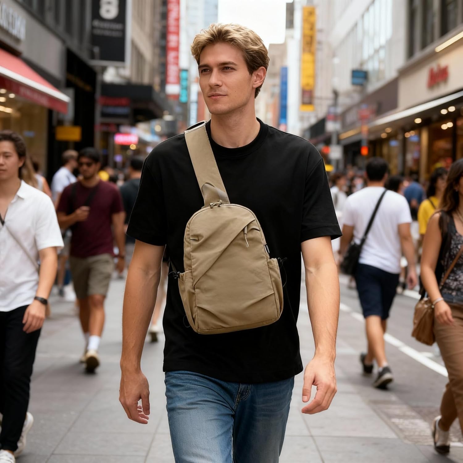 5L Sling Bag - Compact Lightweight Crossbody for Everyday Carry, Travel, Hiking, Fits 10" Tablet, Dual Side Pockets (Tan)