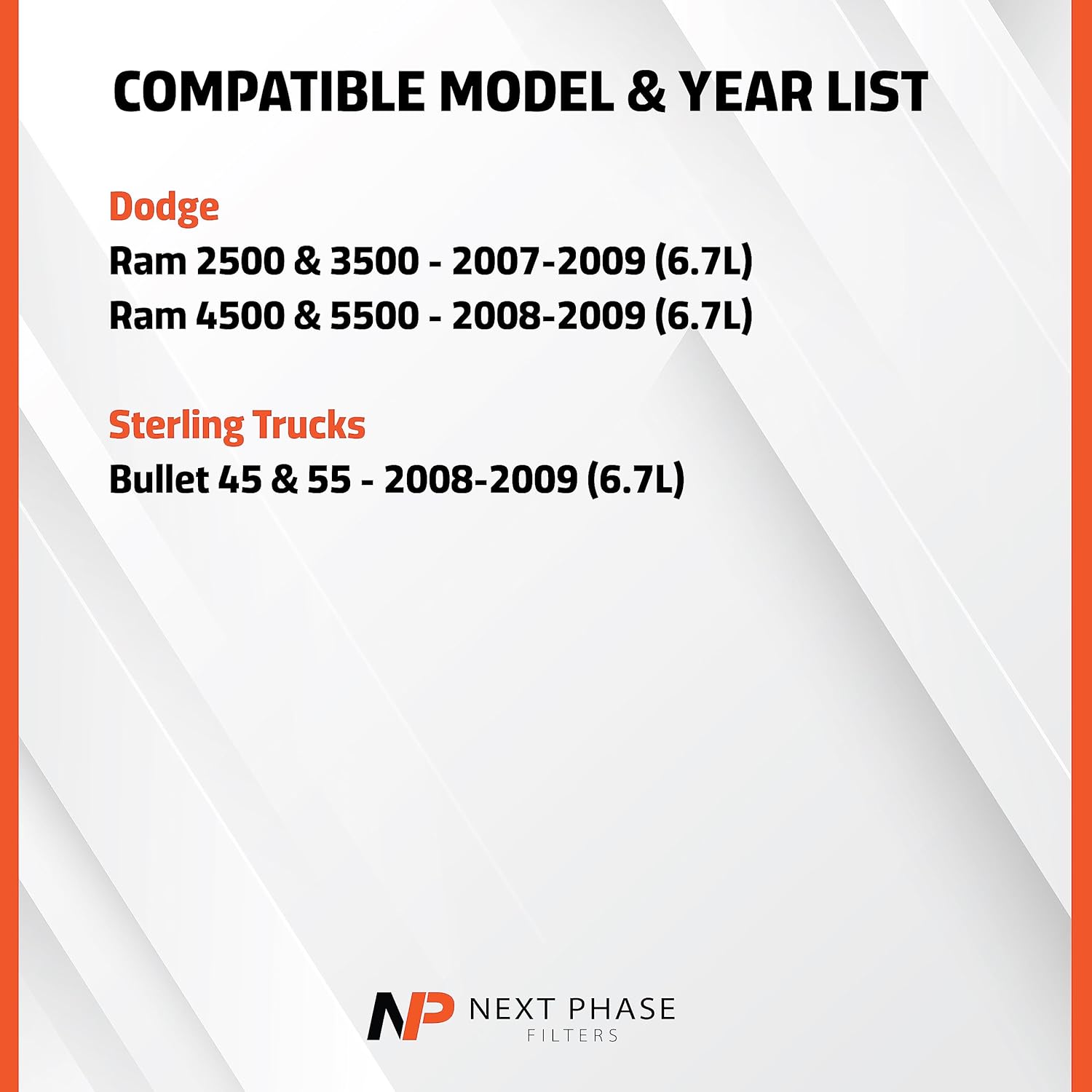 Diesel Fuel Filter (element only – fits in OE housing) 2007-10 Dodge Ram Pickup 2500 & 3500 6.7L, 2008-09 4500 & 5500 6.7L, 2008-10 Sterling Pickup 6.7L – To Replace O.E. 5183410AA - Pack of 1