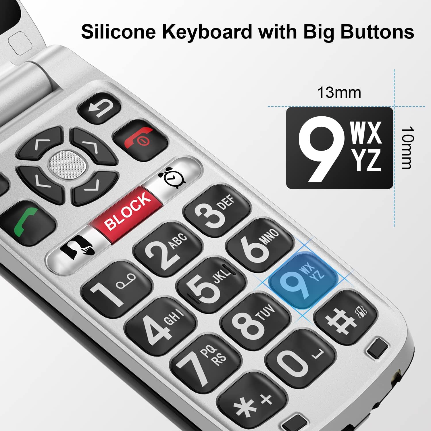 Close-up of the Easyfone Prime-A1 Pro's silicone keypad with large, spaced-out buttons.