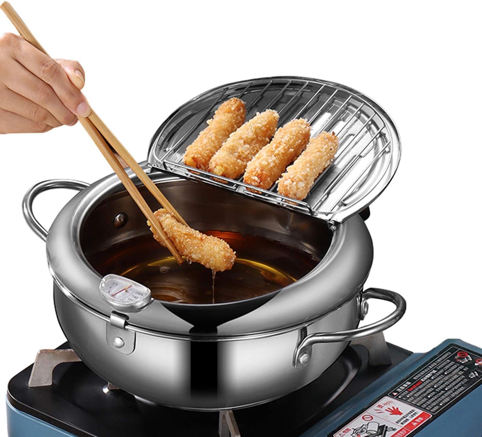 DIY HOME Deep Fryer Pot, Japanese Tempura Small Deep Fryer Stainless Steel Frying Pot With Thermometer,Lid And Oil Drip Drainer Rack for French Fries Shrimp Chicken Wings and Shrimp (20cm/7.9inch)