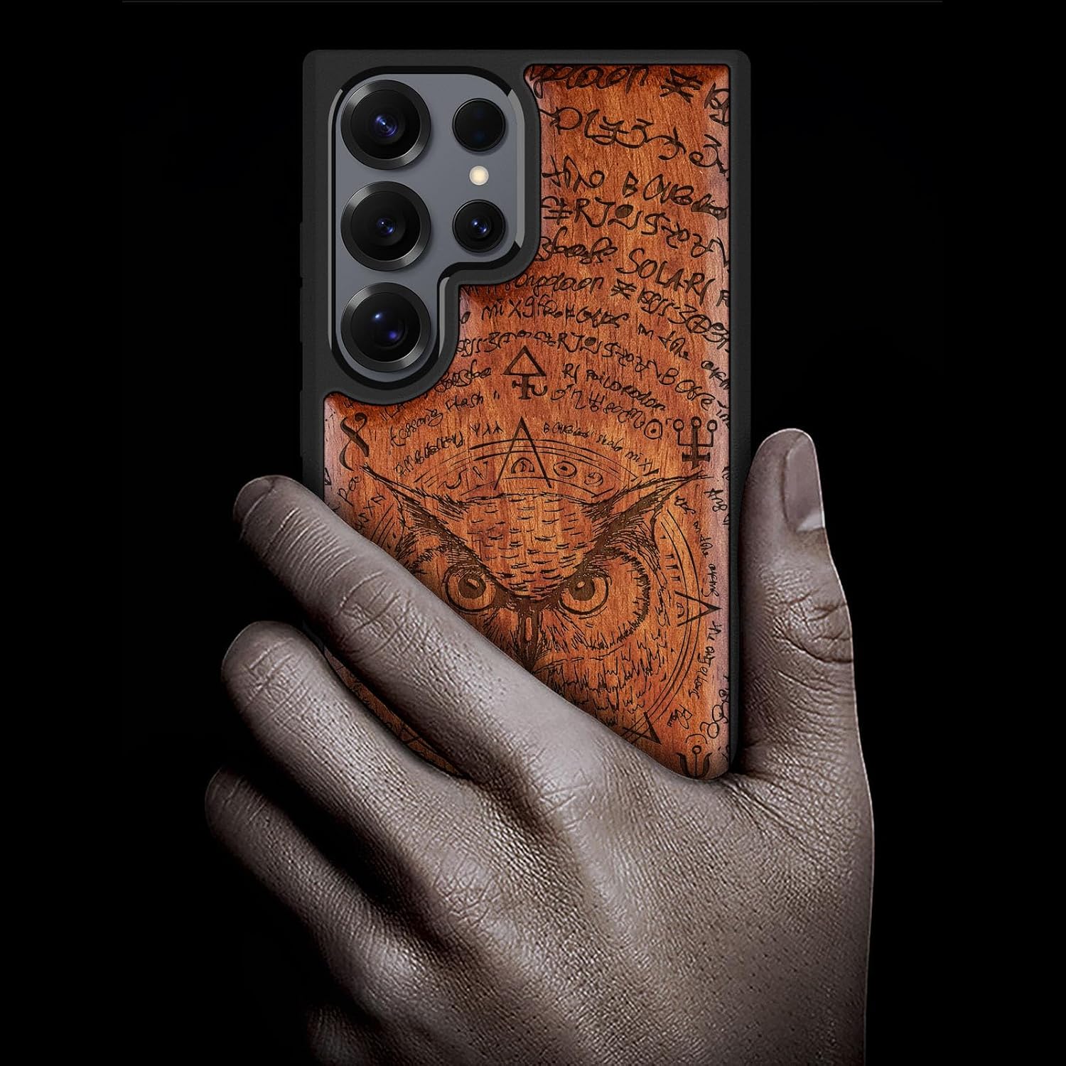 Carveit Magnetic Wooden Case for Samsung Galaxy S25 Ultra Case 2025, TPU Shockproof Cover & Wood Artisan Engraved, Compatible with MagSafe Wireless Chargers (Owl's Gaze) Rosy