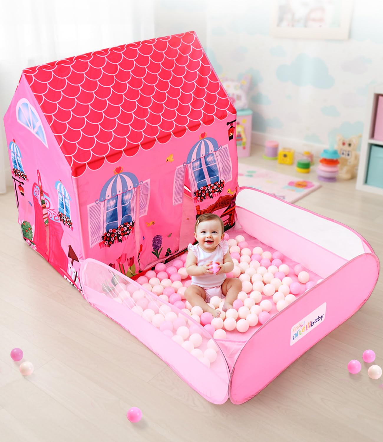Intellibaby 2-in-1 Tent House & Ball Pool-25 Balls, Safe&Soft Pit, Spacious,Lightweight&Portable Activity Toy, Indoor&Outdoor Play Tent,Ball Pit for 24Month+ Babies, Best Gift (Pretty Princess (Pink))-picture-11