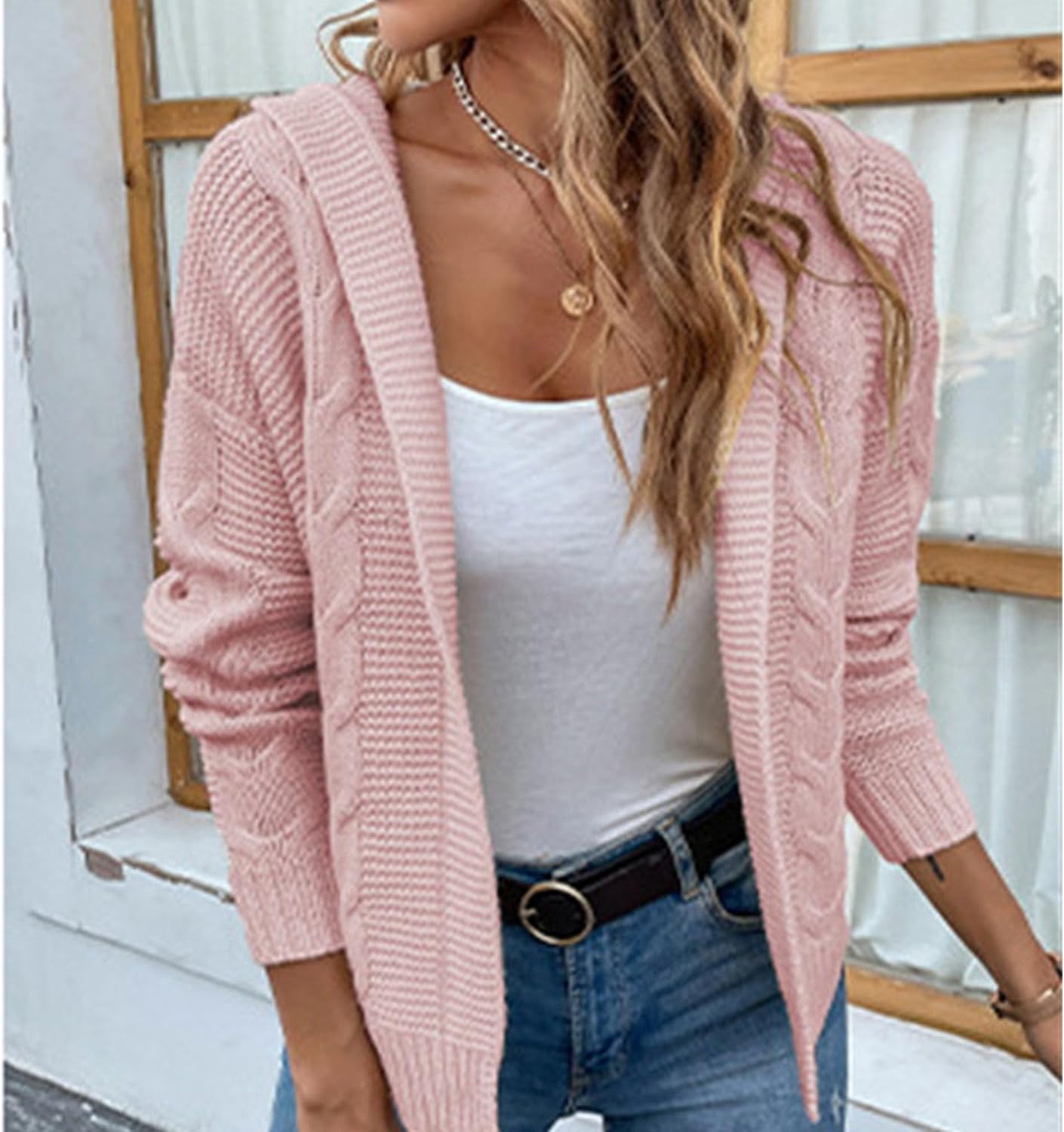 Womens Solid Color Hooded Cardigan Chunky Knit V Neck Shawl Lapel Collar Top Casual Long Sleeve Twist Sweater Coat