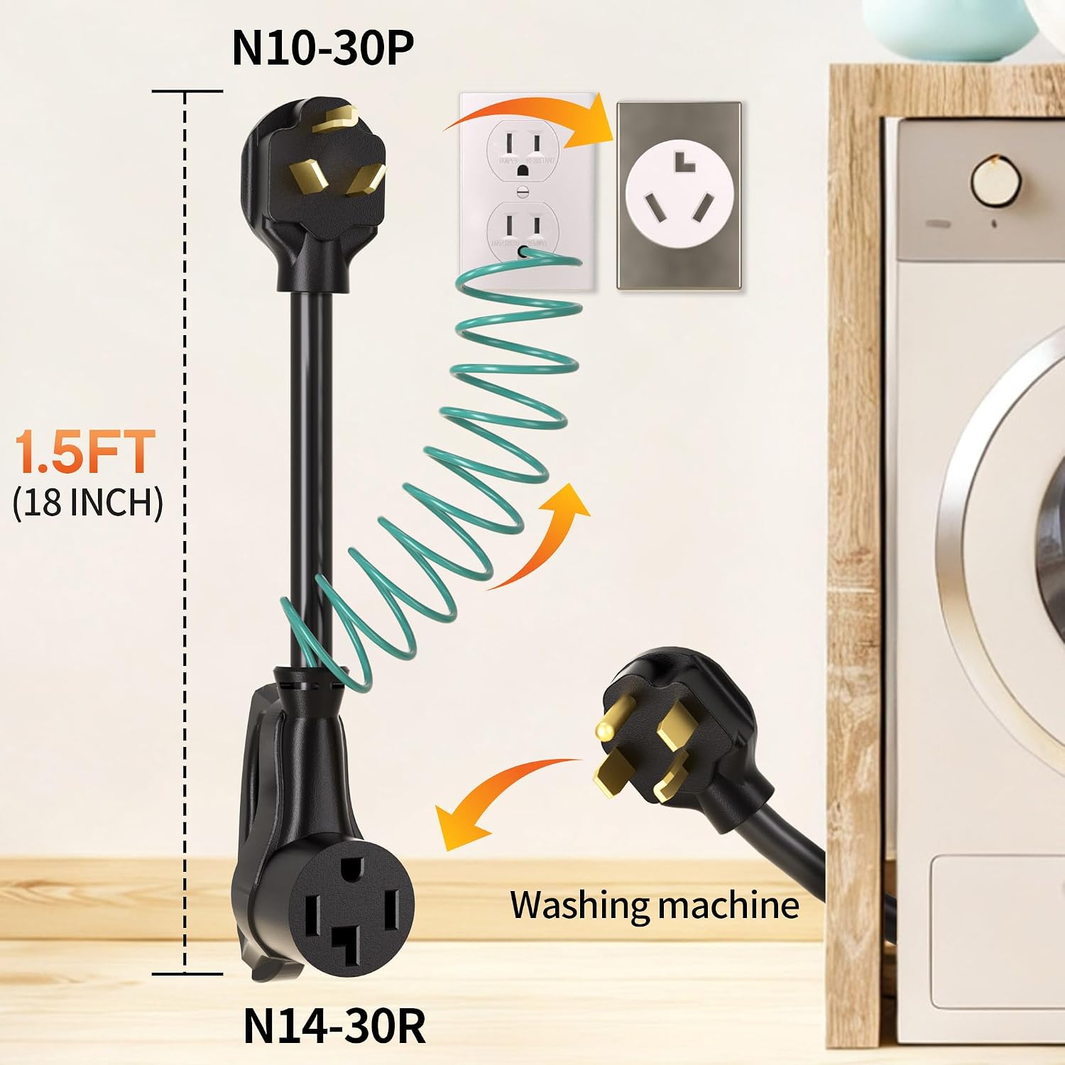 1.5 ft 10AWG 4 Prong to 3 Prong Dryer Adapter, 4 to 3 Prong Dryer Plug Adapter, NEMA 10-30P to 14-30R with Green Ground Wire, 30A 250V 7500W, Heavy Duty SRDT for New Dryers, ETL Listed, Black