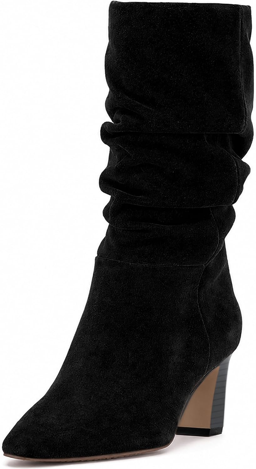 Mid Calf Boots for Women 2026 Square Toe Chunky Heeled Slouchy Boots