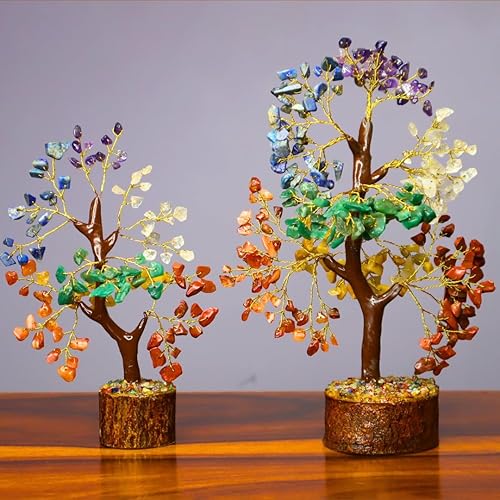 Combo de árbol de cristal de siete chakras, hecho a mano, piedras naturales curativas de cristales bonsái, árbol de dinero para energía positiva,