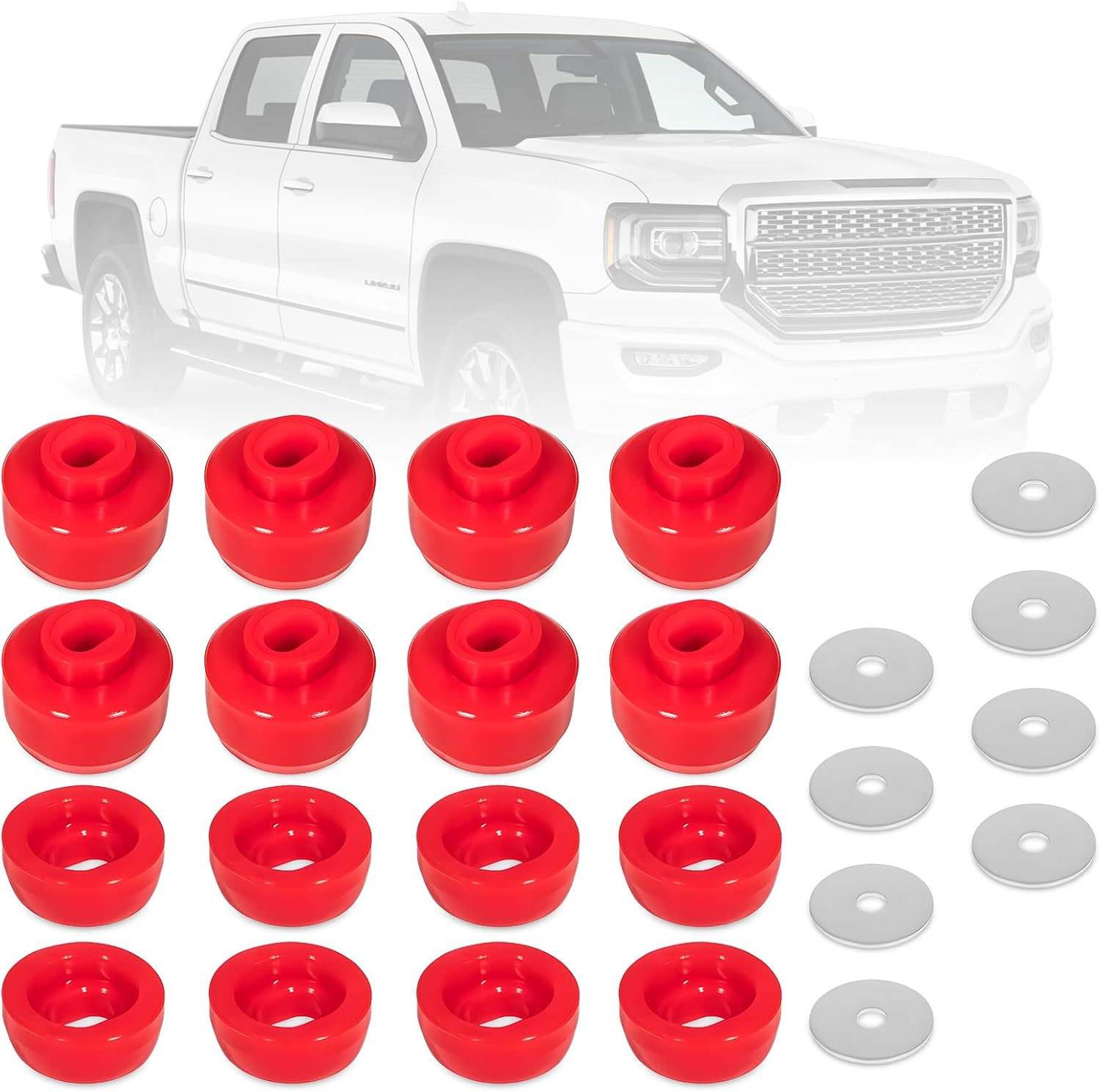 7-141 Body Cab Bushing Kits for 1999-2014 Chevy Silverado & Sierra 1500/2500 2WD/4WD Polyurethane Body Cab Mounts & Washers Superior Silicone (Red 24PCS)