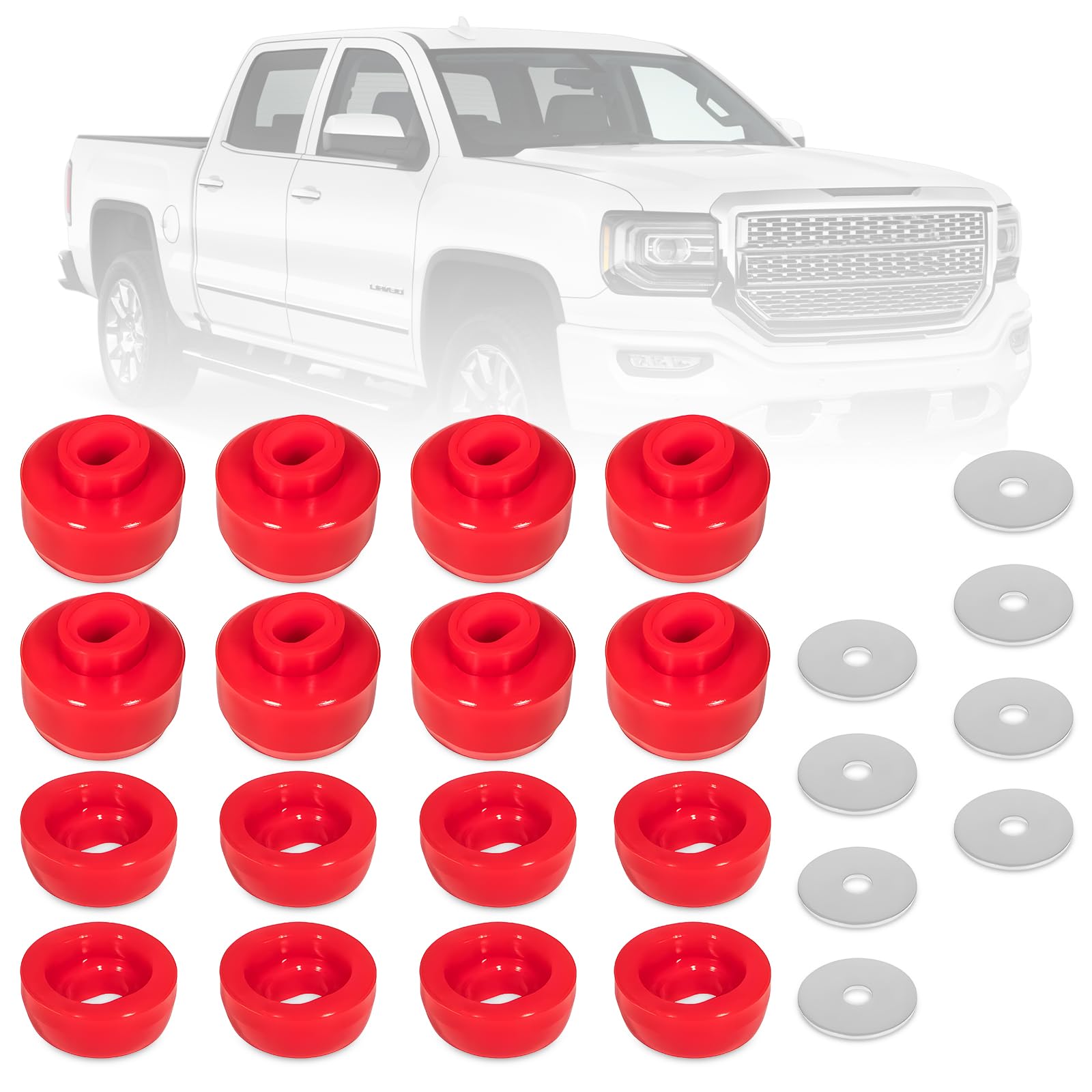 Body & Cab Mount Bushing Kit For Chevy Silverado & GMC Sierra 1500/2500 1999-2014 - 24-Piece Polyurethane Mounts & Washers (Red)