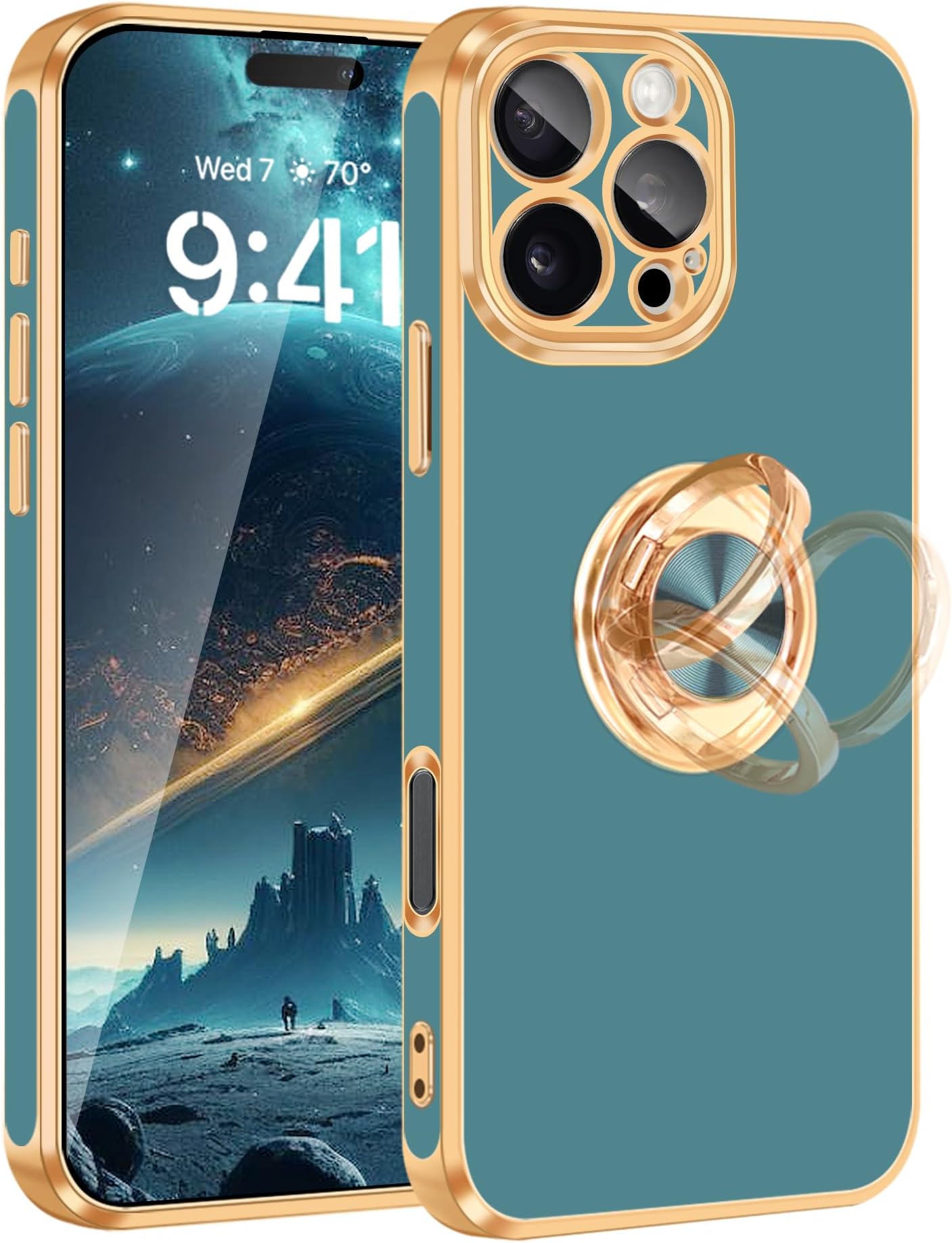 Fingic for iPhone 16 Pro Max Case[with 360°Rotatable Ring Holder][Support Magnetic Car Mount]Shiny Plating Gold Slim Thin Soft TPU Bumper Shockproof Case for iPhone 16 Pro Max for Women Men,Blue Gray