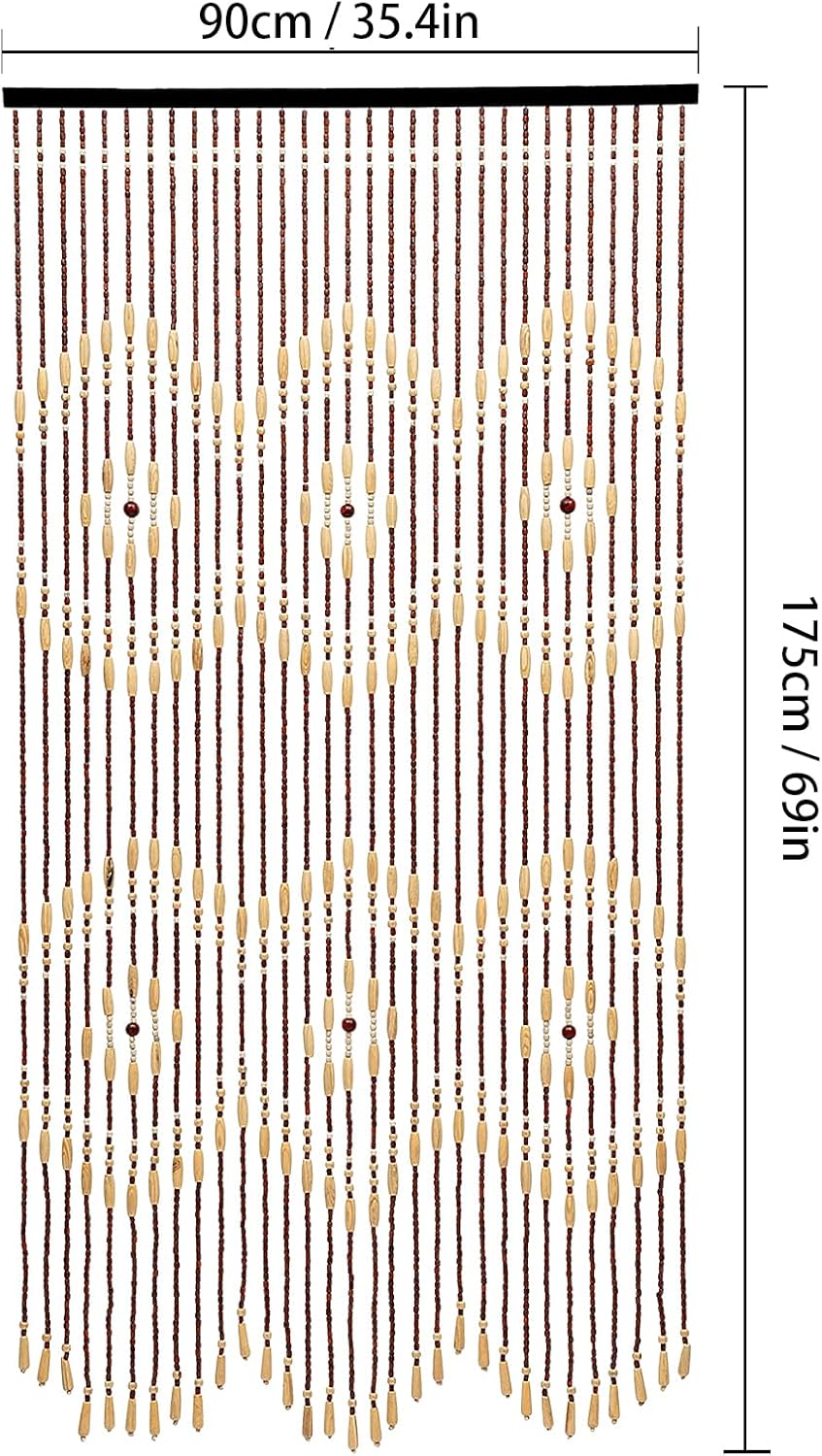 Wood and Bamboo Beaded Curtain, 31 Strands Handmade Hanging Door Curtain for Home Decor, Bohemian Hippie Style, 35.4 x 69 in