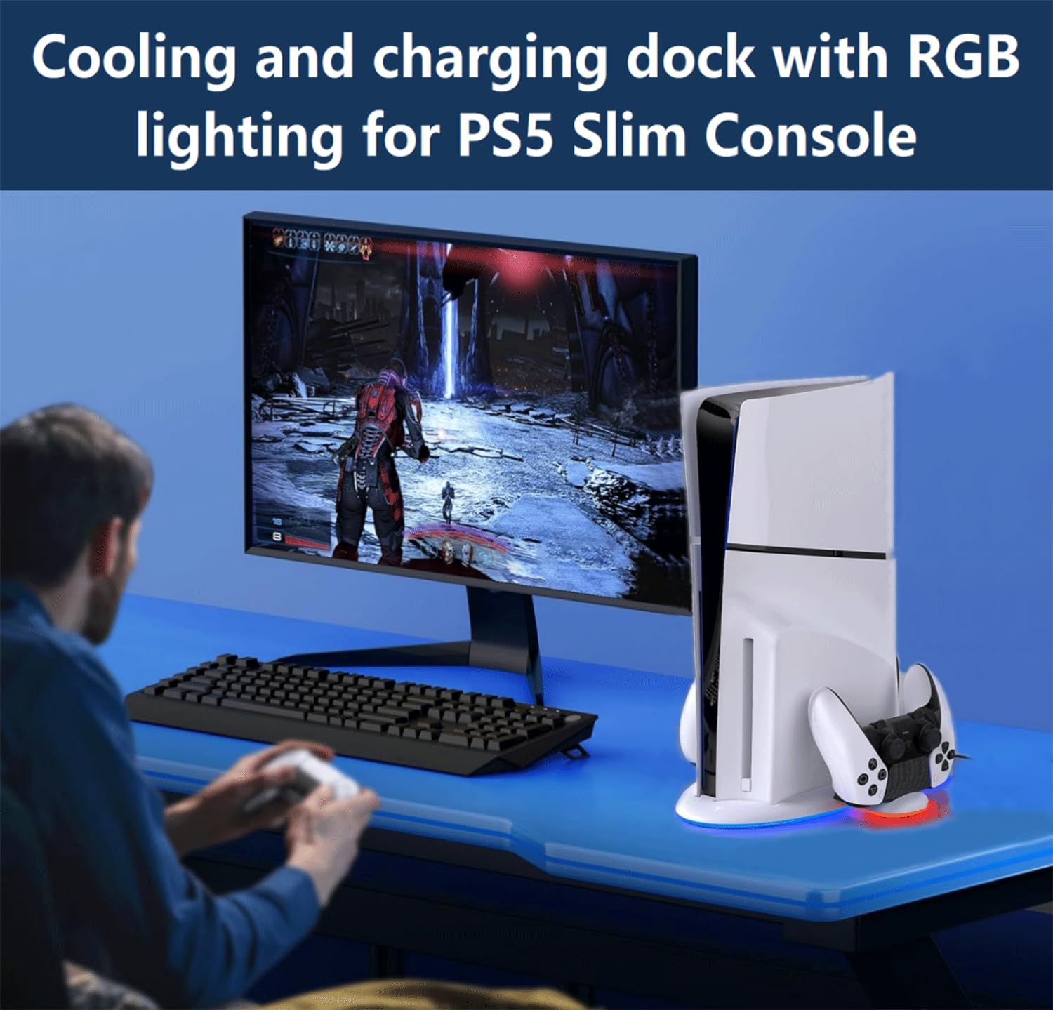 PS5 Slim Cooling Station with RGB LED Charging Dock - 3-Level Fan Cooling, Dual PS5 Controller Charger