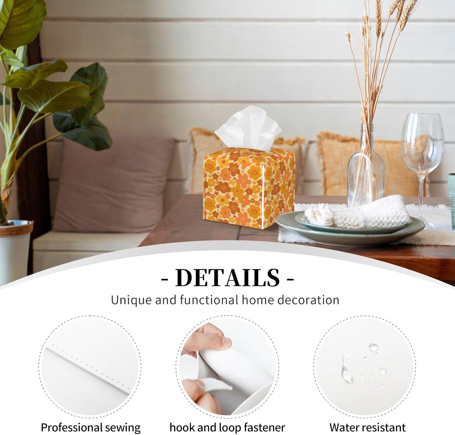 Abstract 70s Retro Vintage Colors Orange Hippy Floral Tissue Box Cover Square Pu Leather Tissue Holder Tissue Case Facial Paper Organizer Dispenser For Home Bedroom Dresser Night Stand Office Desk Car image 3