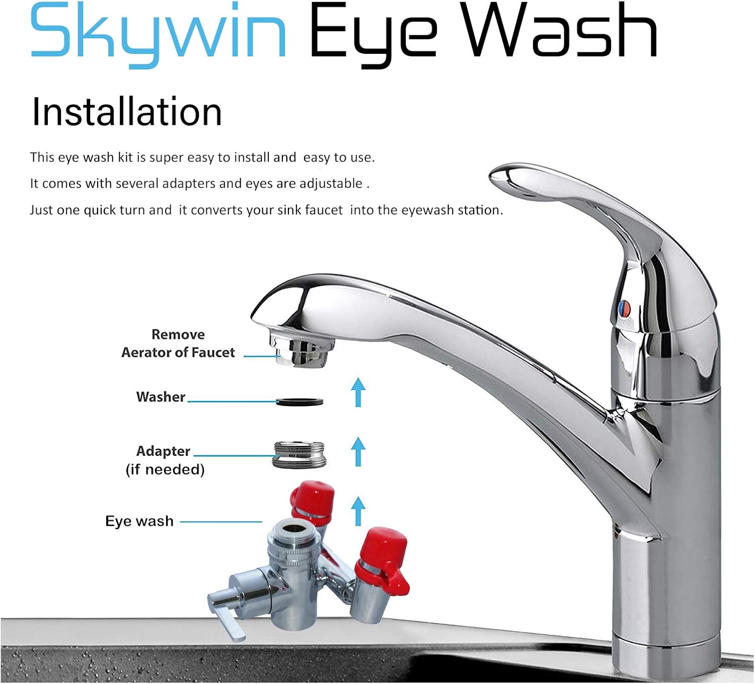 Frее Shірріng Ovеr $50 Skywin Eye Wash Kit - Faucet Mounted Emergency Eye Wash Station Sink Attachment - 1x Continuous Flow Eyewash Station,3X Common Sink Adapters,2X Inspection Tags,1x Emergency Eye Wash Station Sign